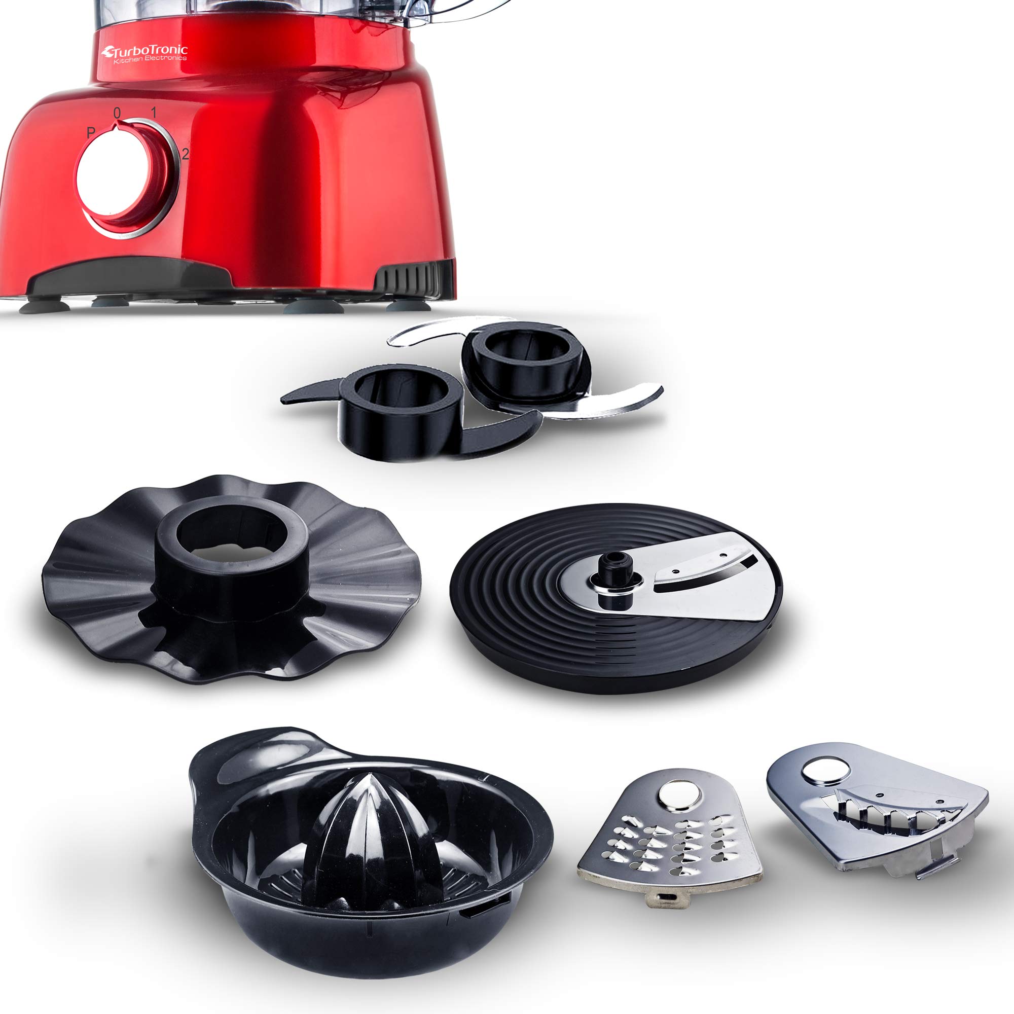 TurboTronic Food Processor 1,2L schwarz, rot, Küchenmaschine mit Mixaufsatz, Raspelscheiben, Zitruspressenaufsatz