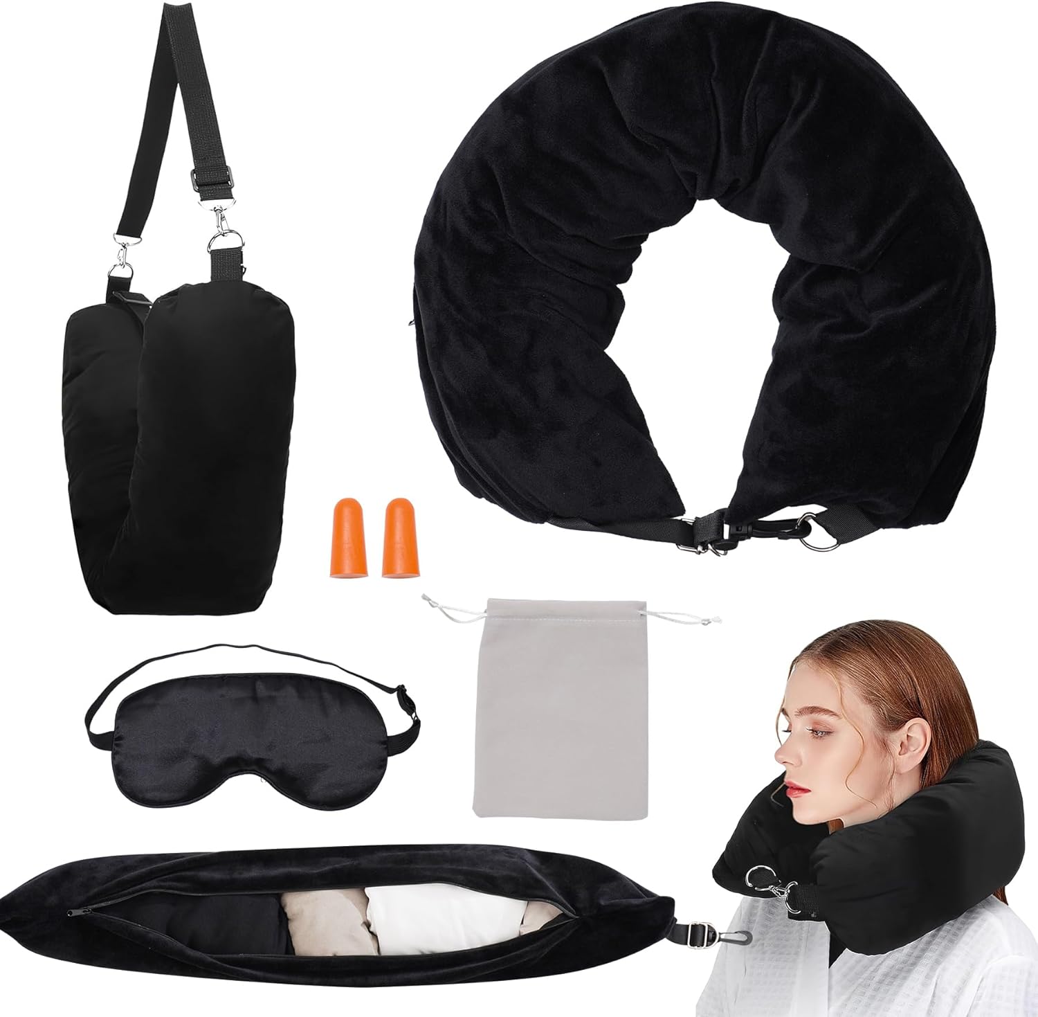 OPUHOHR Travel Neck Pillow Stuffable, Velvet Travel Neck Pillow with Eye Mask and Earplugs, Travel Neck Pillow Stuffable with Clothes, Packable for Airplane Travel Essentials