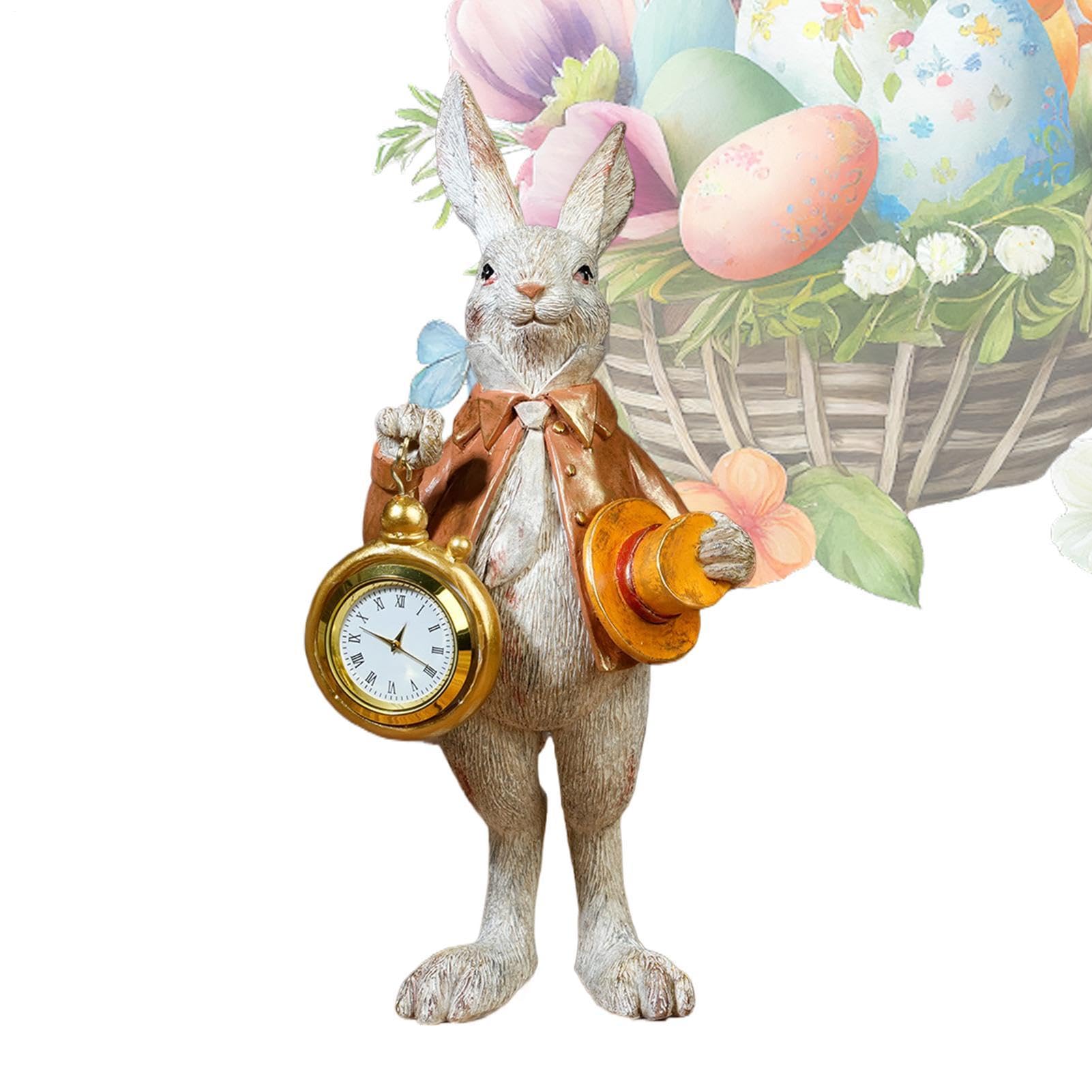 Figurines de lapin de Pâques avec horloge et chapeau de coupe pour déco