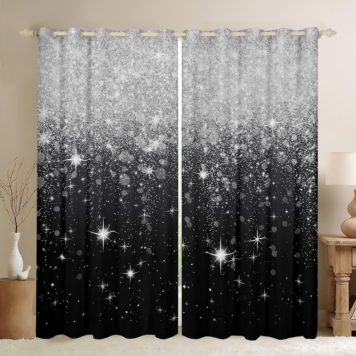 Feelyou Silver Glitter Print (No Glitter) Blackout Curtains(30%-50%) Bling Decorations Curtain Diamond Black Darkening Window Drapes for BedWindow