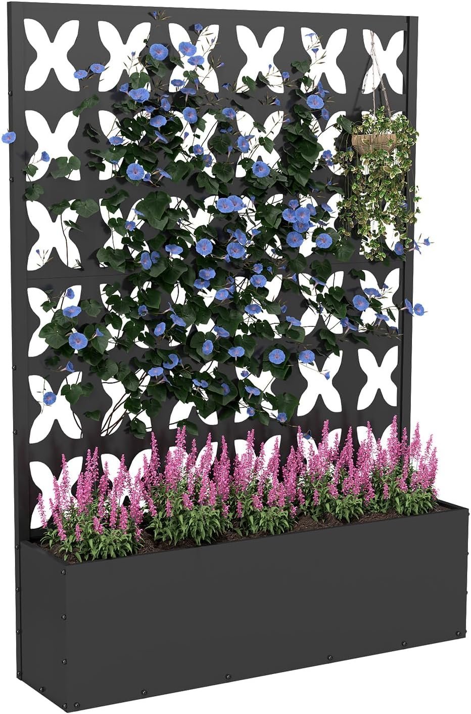 Metal Planter Box with Trellis,70.9"x47.2"x15.7" Raised Garden Bed with Drainage Holes, Privacy Planters for Outdoor Garden Bed for Climbing Plants,Vegetables,and Vines, Black-X