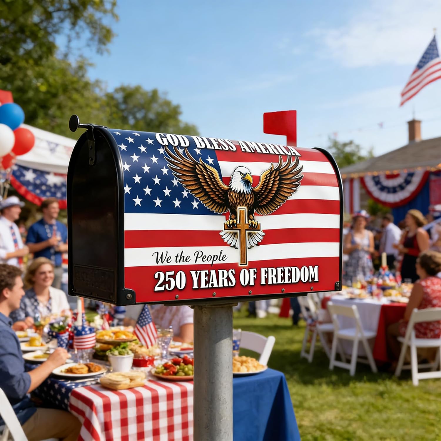 250 Anniversary USA Mailbox Covers Magnetic, 250 Years America Magnetic Mailbox Cover Standard Size, Eagle Flag Cross Mail Post Box Cover for Patriotic Festival Outdoor Yard Garden Decor 21" X 18"