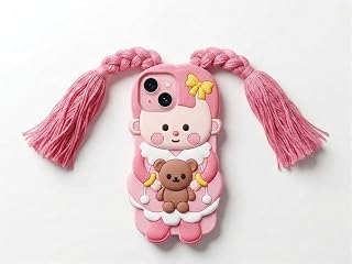 amazon basics Cute 3D Pink Doll Silicone Mobile Case for iPhone 15 - Aesthetic Cartoon Girl with Braided Tassels & Teddy B... Price In India
