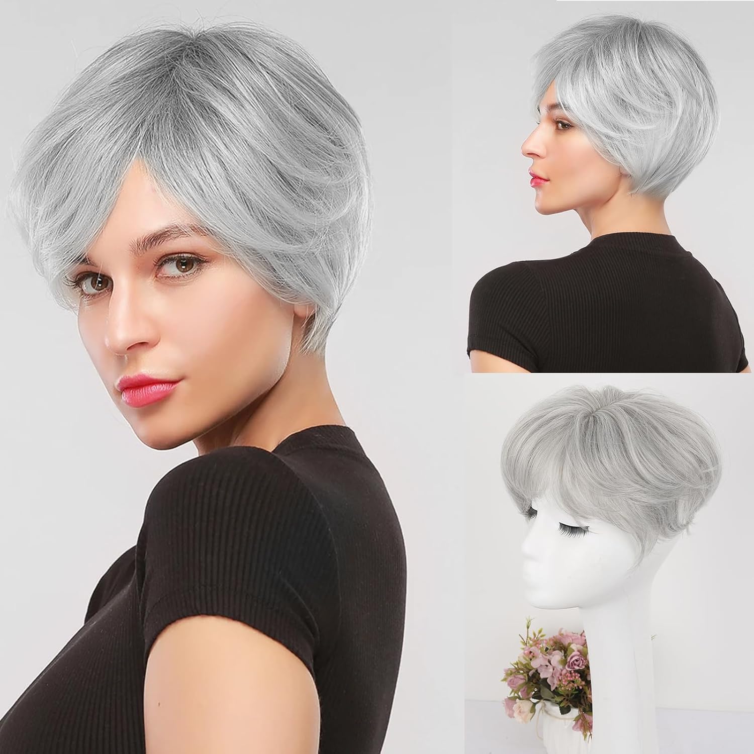CINHOO Silver Grey Pixie Hair Wig Toppers for Thin Hair Short Hair Toppers for Women with Thinning Hair Synthetic Grey Hair Pieces for Women Tousled Shades of Silver Grey and White（T1001L#）