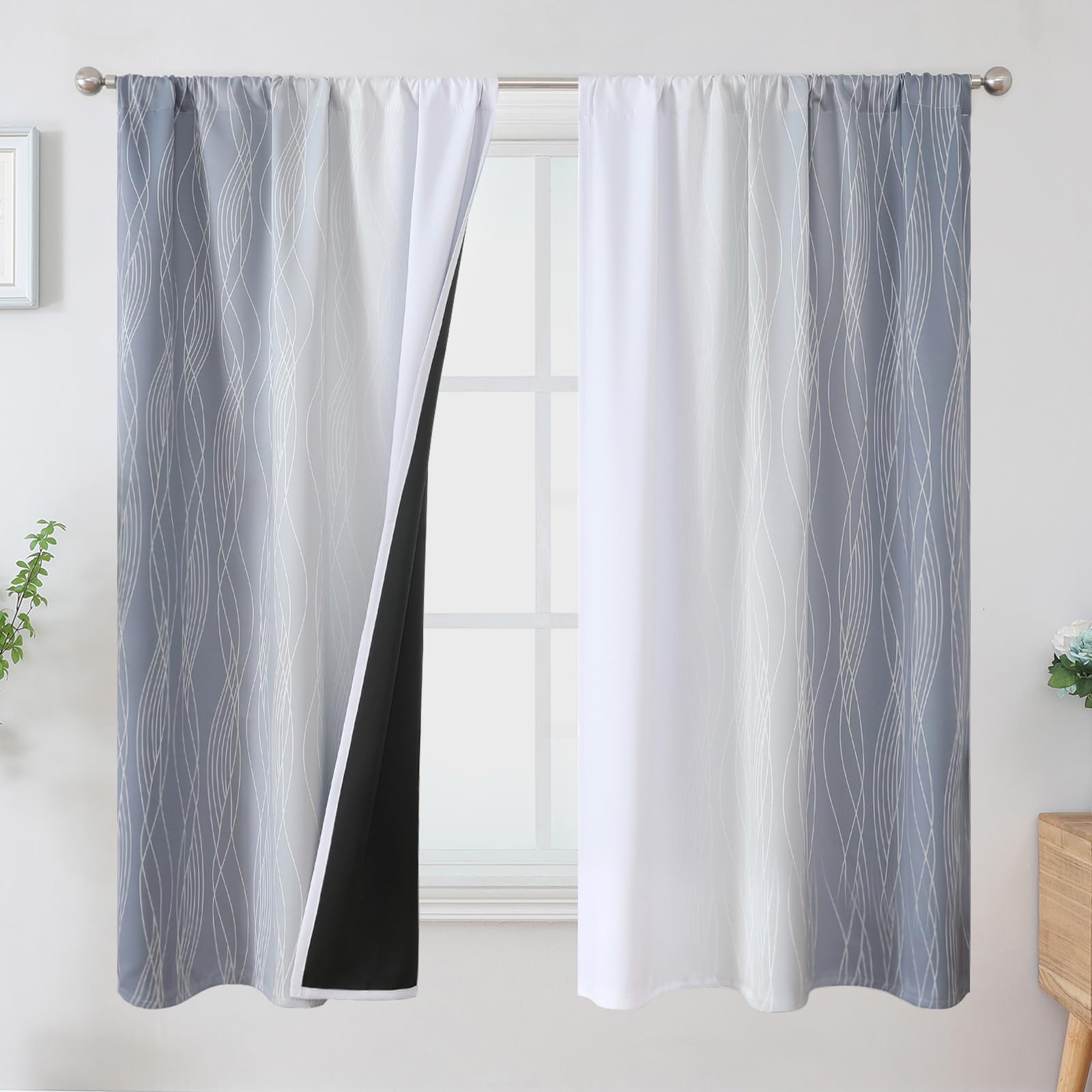 Estelar Textiler Rod Pocket Gray and White Blackout Curtains for Living Room, Full Light Blocking Window Curtains, Thermal Insulated Room Darkening