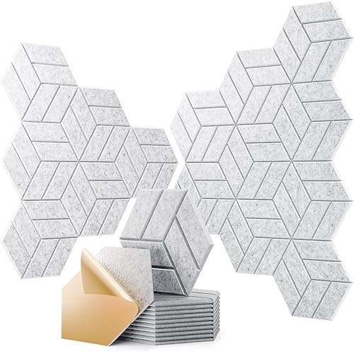 Miniatura 13 de 12 paneles acústicos autoadhesivos, paneles de espuma a prueba de sonido de 12 x 10 x 0.4 pulgadas para paredes, paneles de pared hexagonales