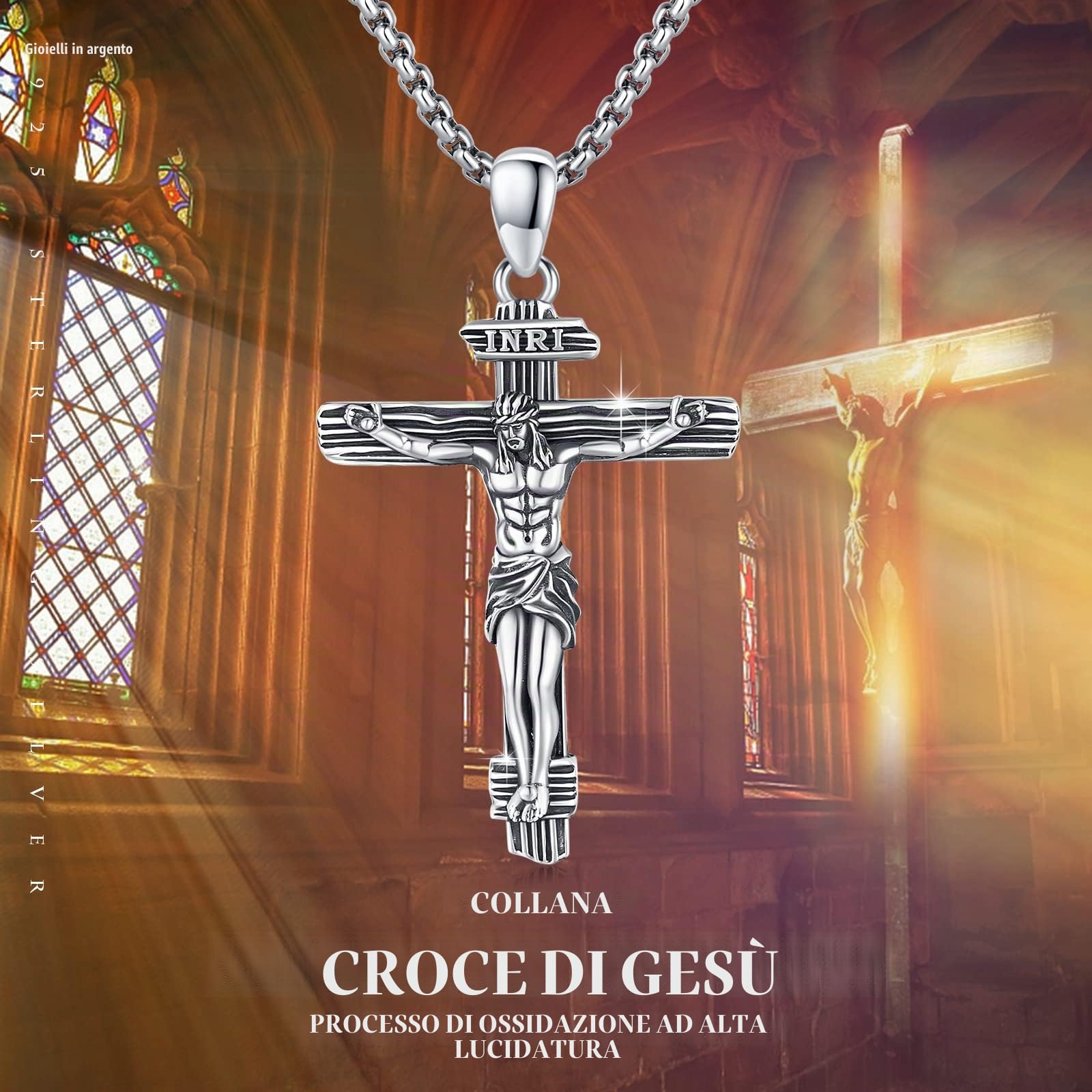 Collana con croce di Gesù in argento sterling 925 Amuleto Catena cristiana Gioielli da uomo e da donna