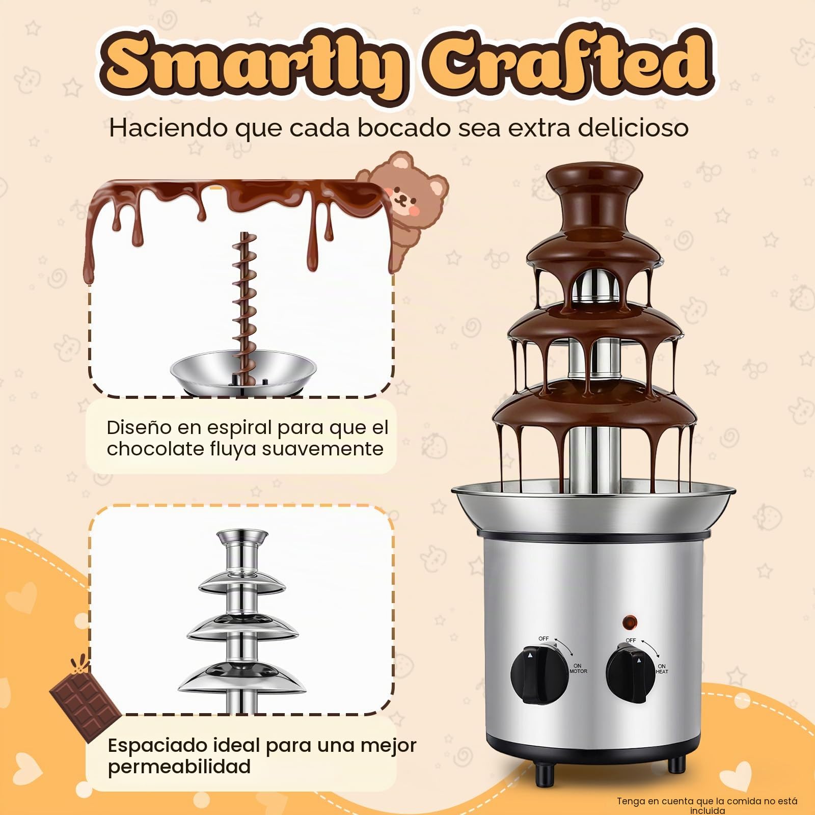 Fuente de Chocolate 1.8L Máquina de Fuente de Chocolate 4 Animales con Función de Calefacción de Acero Inoxidable para Navidad Fiesta de Cumpleaños 170W