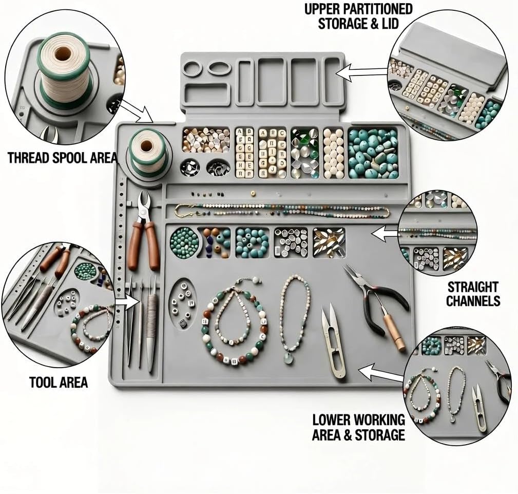 GREATUSEF Silicone Beading Tray, All-in-One 12"x9.8" Bead Board for Jewelry Making — Non-Slip Sorting Workstation with 14 Compartments, Lid, Tool Holders & Raised Edges (Beads and Tools Not Included)