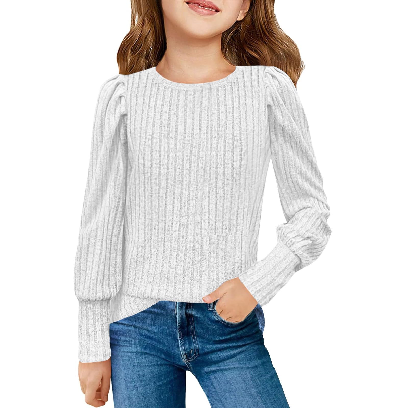 Girls Knit Pullover Sweater Soft Puff Long Sleeve Shirt Lightweight Round Neck Blouse Solid Color (White, 5-6 Years) y42v