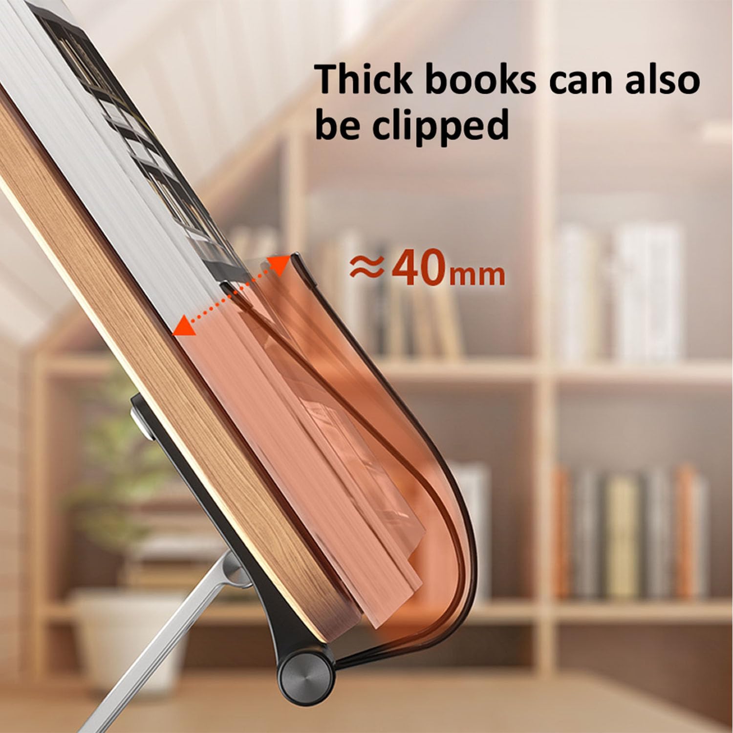 Soporte de Madera para Libros Base de Aluminio Atril Libro Cocina Plegable con Clips para Recetas, Libros Pequeños, Grandes, Gruesos y Pesados