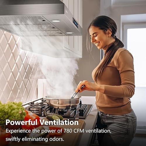 Miniatura 16 de HisoHu Campana extractora de montaje en pared de 30 pulgadas, convertible sin conductos/conductos, campana de ventilación de cocina de 780 CFM