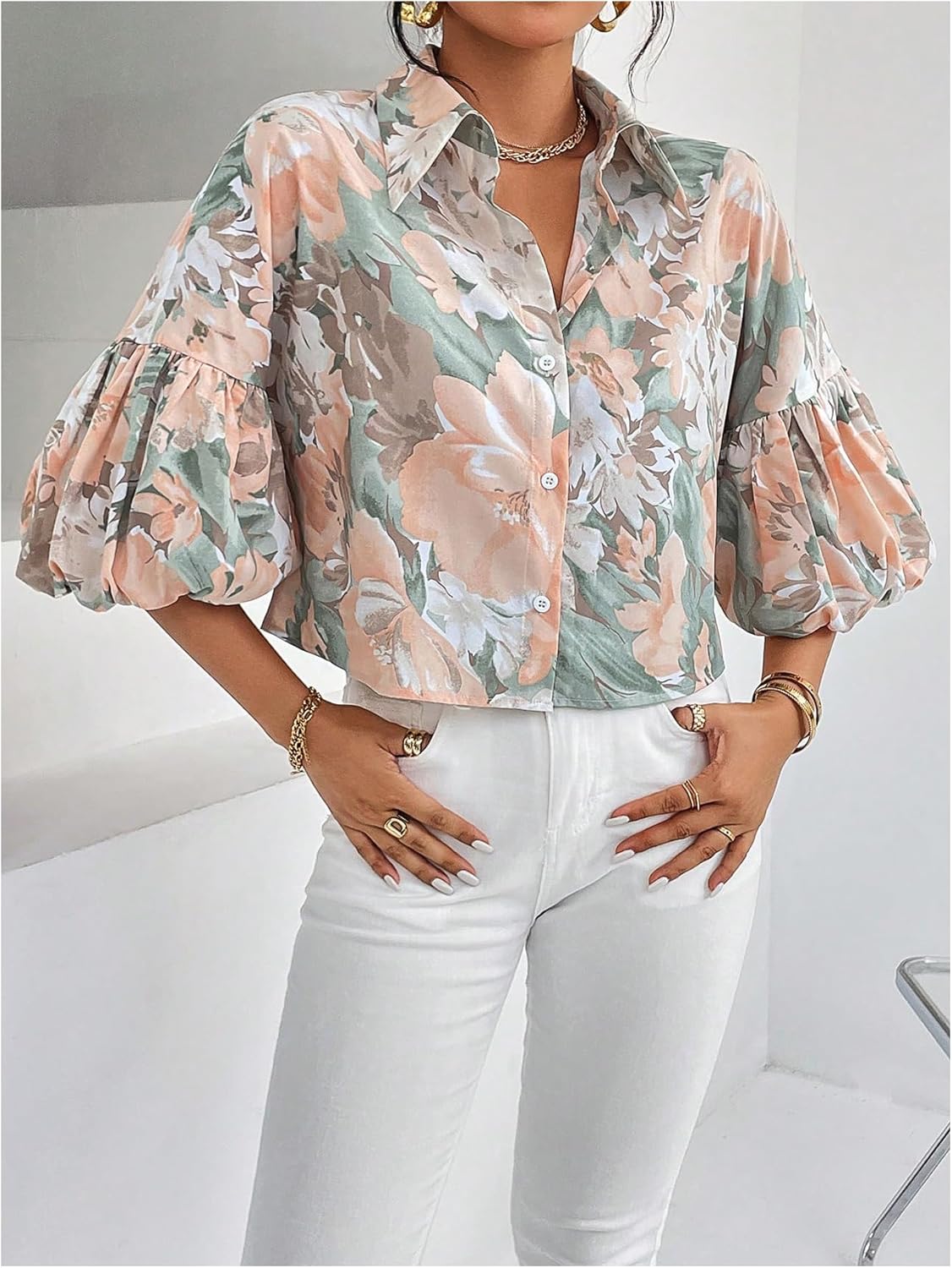 SweatyRocks Women's Half Bishop Sleeve Button Down Shirts Summer Dressy Casual Blouses - Image 2