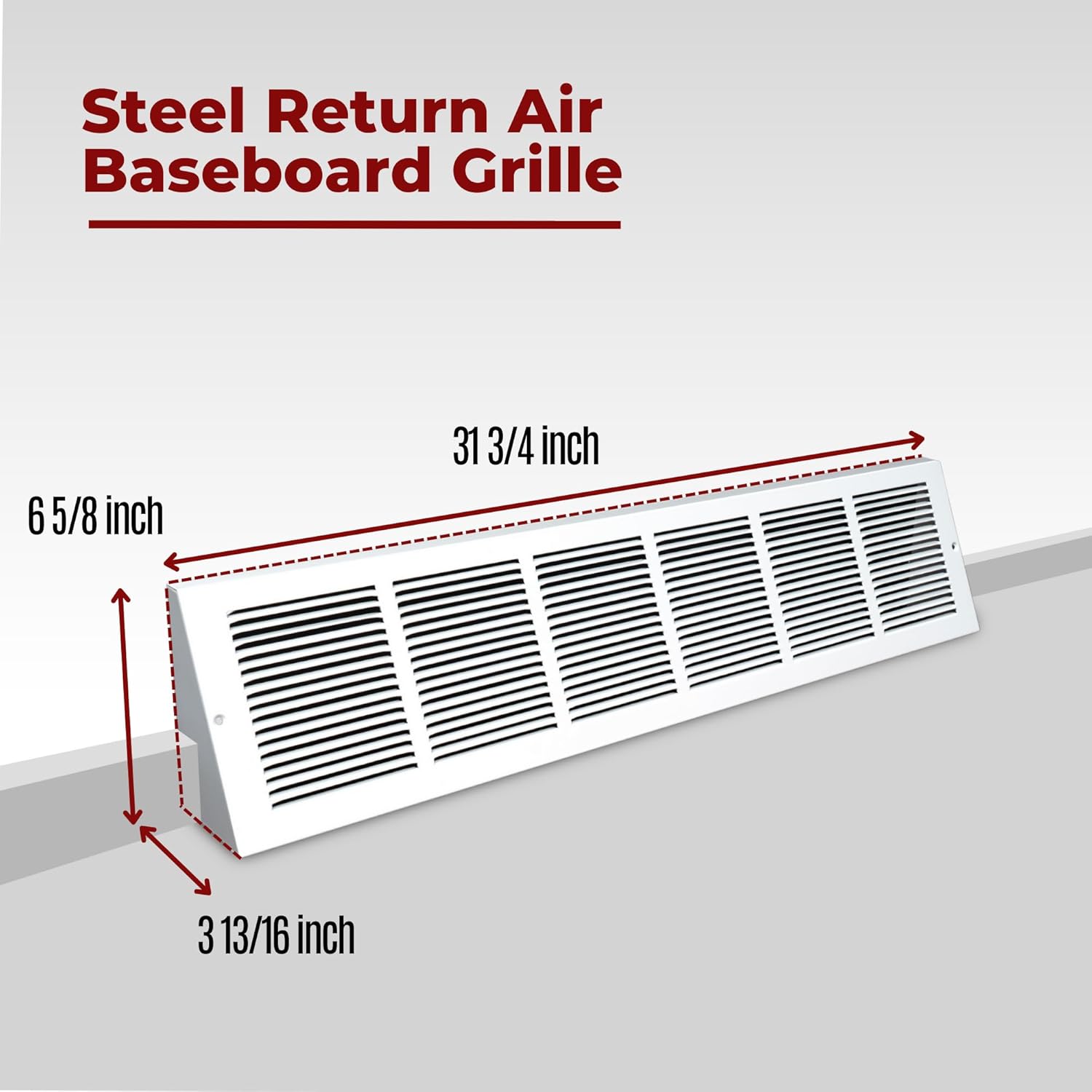 Fits 30x6 Duct Opening | Steel Triangular Baseboard Return Air Grille by Handua | Efficient Air Flow | Air Register Vent Cover Grill | 3-13/16" Depth | White | Outer Dimensions: 31-3/4" x 6-5/8" 30"W x 6"H Duct Size [1 Pack]