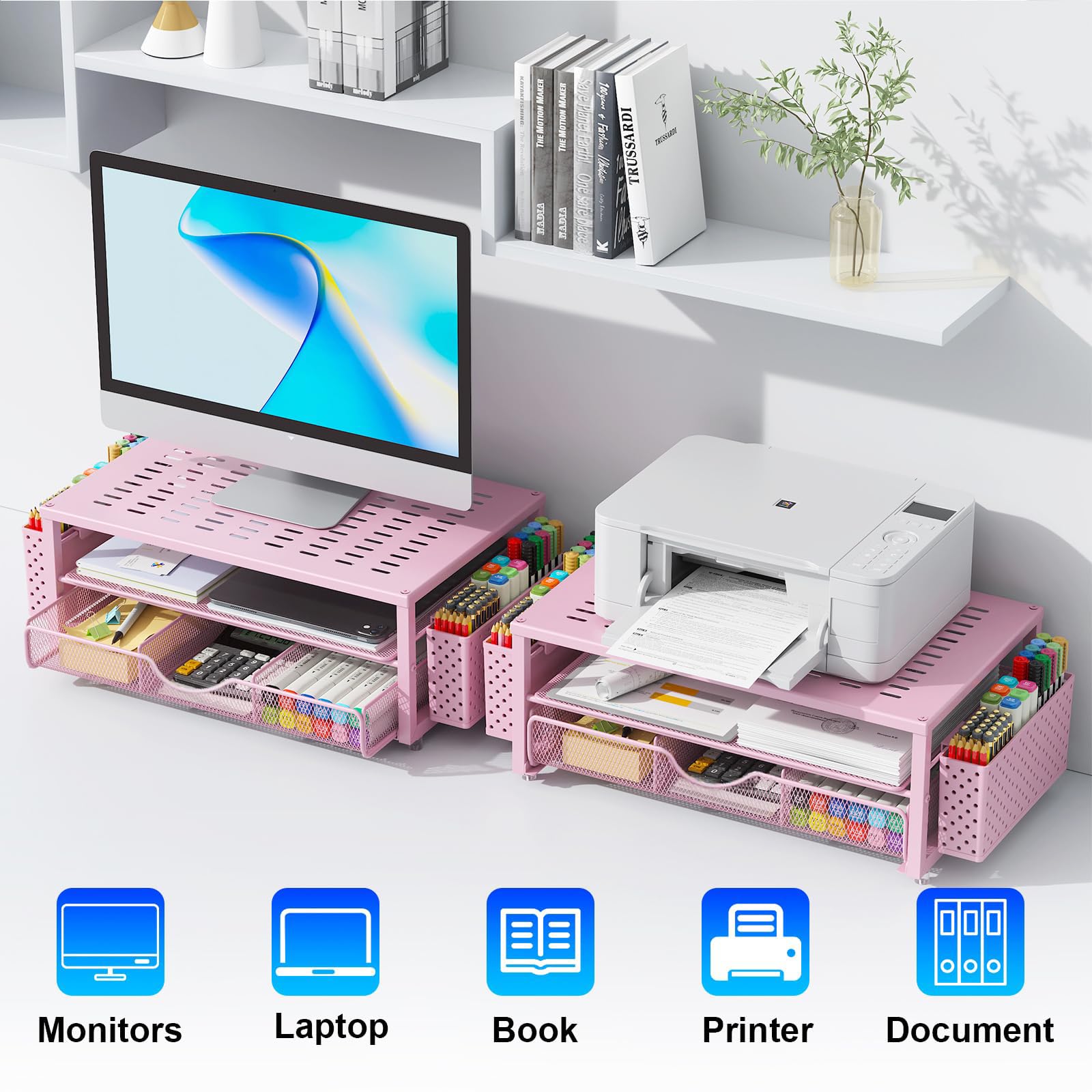 Supporto per Monitor con Cassetto, Accessori per Scrivania e Organizer con 2 Porta Penne, Supporto Ergonomico per Scrivania per Accessori da Ufficio (Rosa)