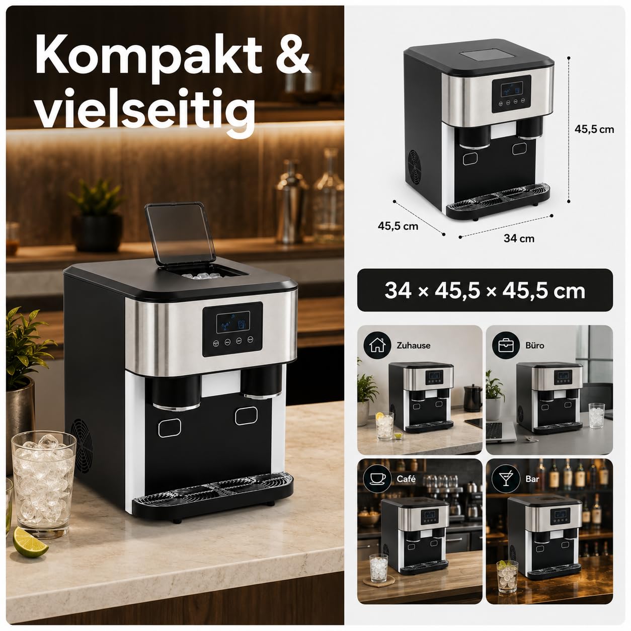 Macchina per il ghiaccio 3 in 1, dispenser di acqua, cubetti di ghiaccio e tritaghiaccio, LCD, 7-9 minuti, 16 ghiaccio | 16 sfere di ghiaccio per ciclo, 7-9 minuti. per passaggio, per casa, ufficio, caffè e bar, facile da usare, design compatto