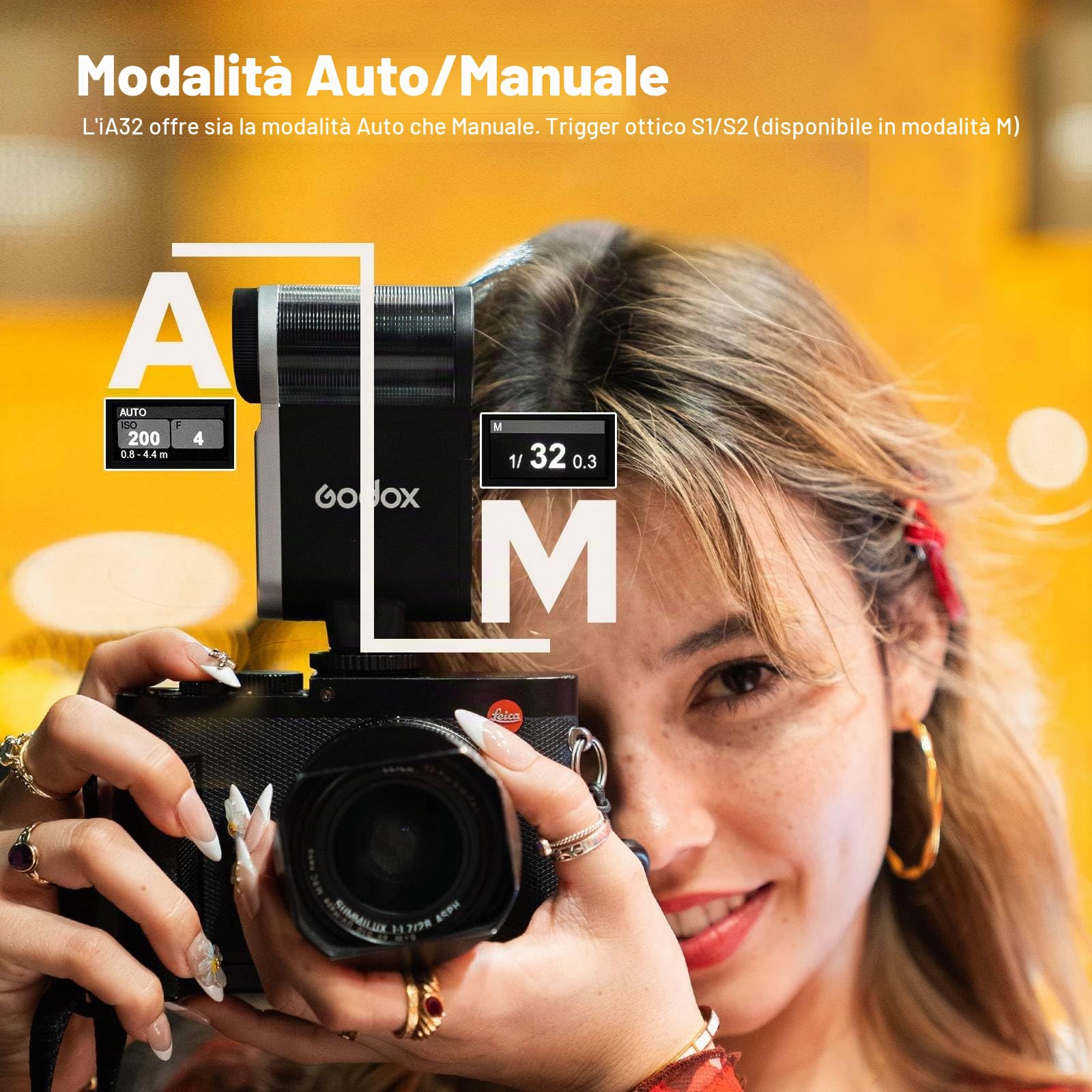 Godox iA32 Mini fotocamera Flash, angolo regolabile, GN15 con 8 livelli di potenza, CCT 6200K±200K, per Canon/Sony/Fuji/Nikon/Panasonic/Olympus, per fotocamere con hotshoe a contatto singolo