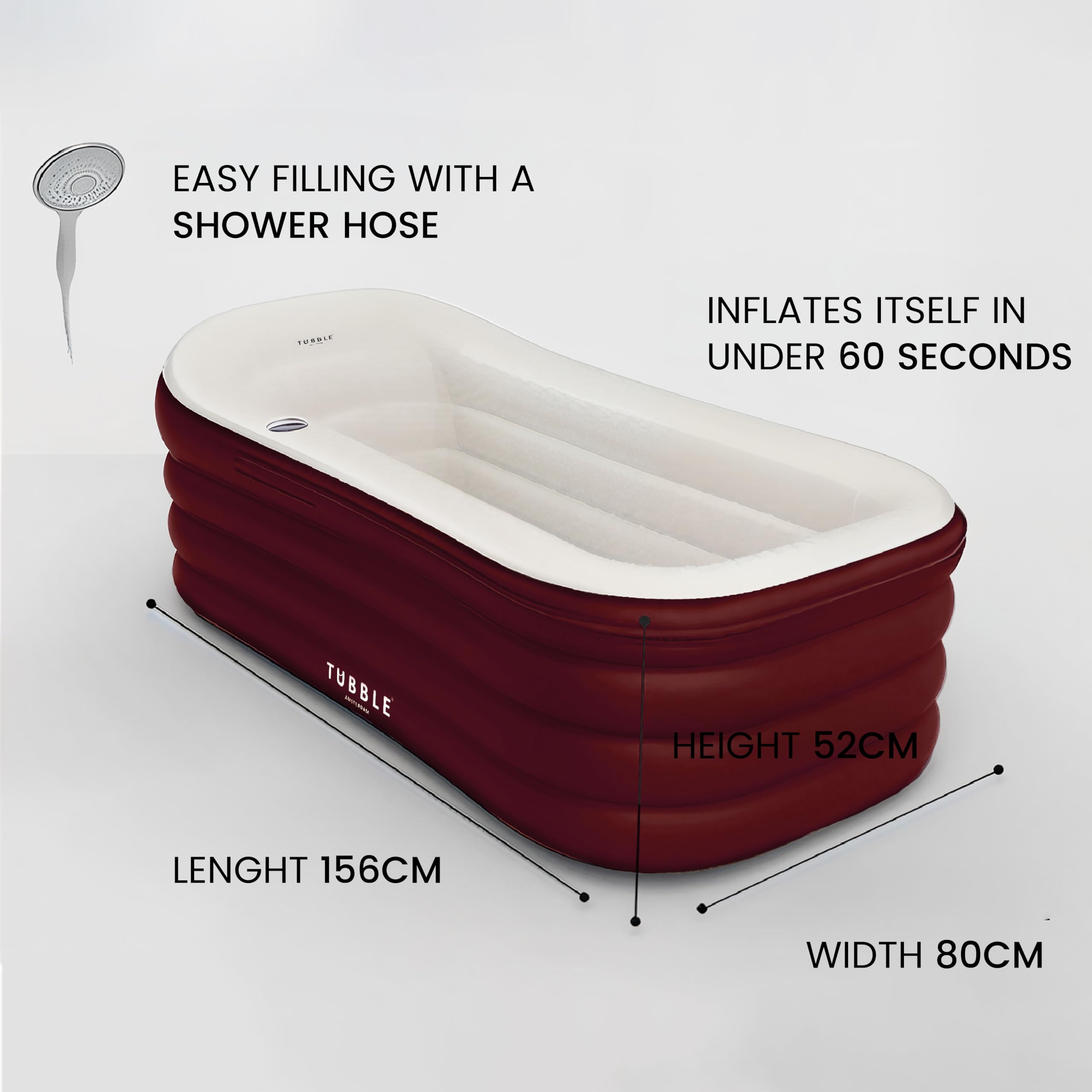 Tubble Nadmuchiwana wanna dla dorosłych – ulepszona wersja, rozmiar 200/255 litrów, nowy model i znacznie mocniejszy zamek błyskawiczny (Deep Burgundy, 255 l/Royale)