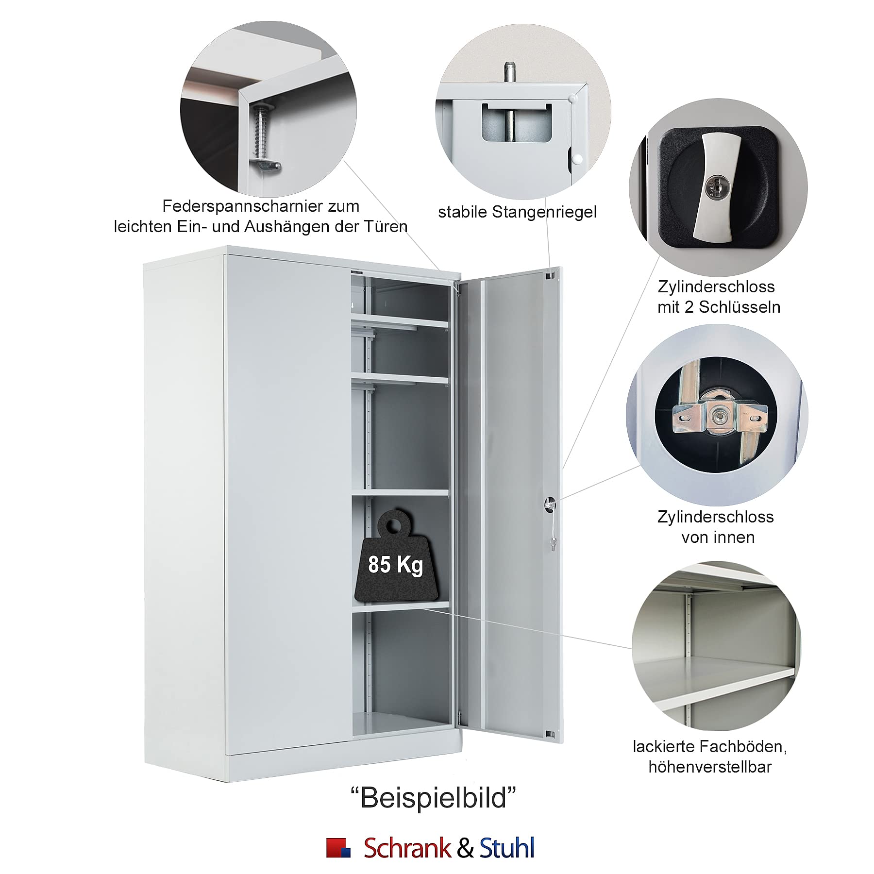 Schrank & Stuhl XL Werkzeugschrank – Werkstattschrank mit 4 höhenverstellbaren Fachböden, Stahlschrank für Werkzeuge, 195 x 92 x 50 cm (H x B x T), Grau/Schwarz