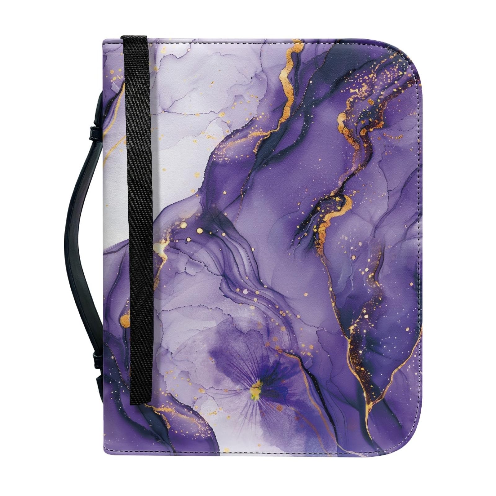 ENEN Bible Cover Tote Bag, 3D Marble Print Bible Bag Bible Cover Case Waterproof PU Leather Large Bible Case/Bible Book Cover with Handle, Zip & Pen Storage (Dark Purple,30.5x22.9cm)