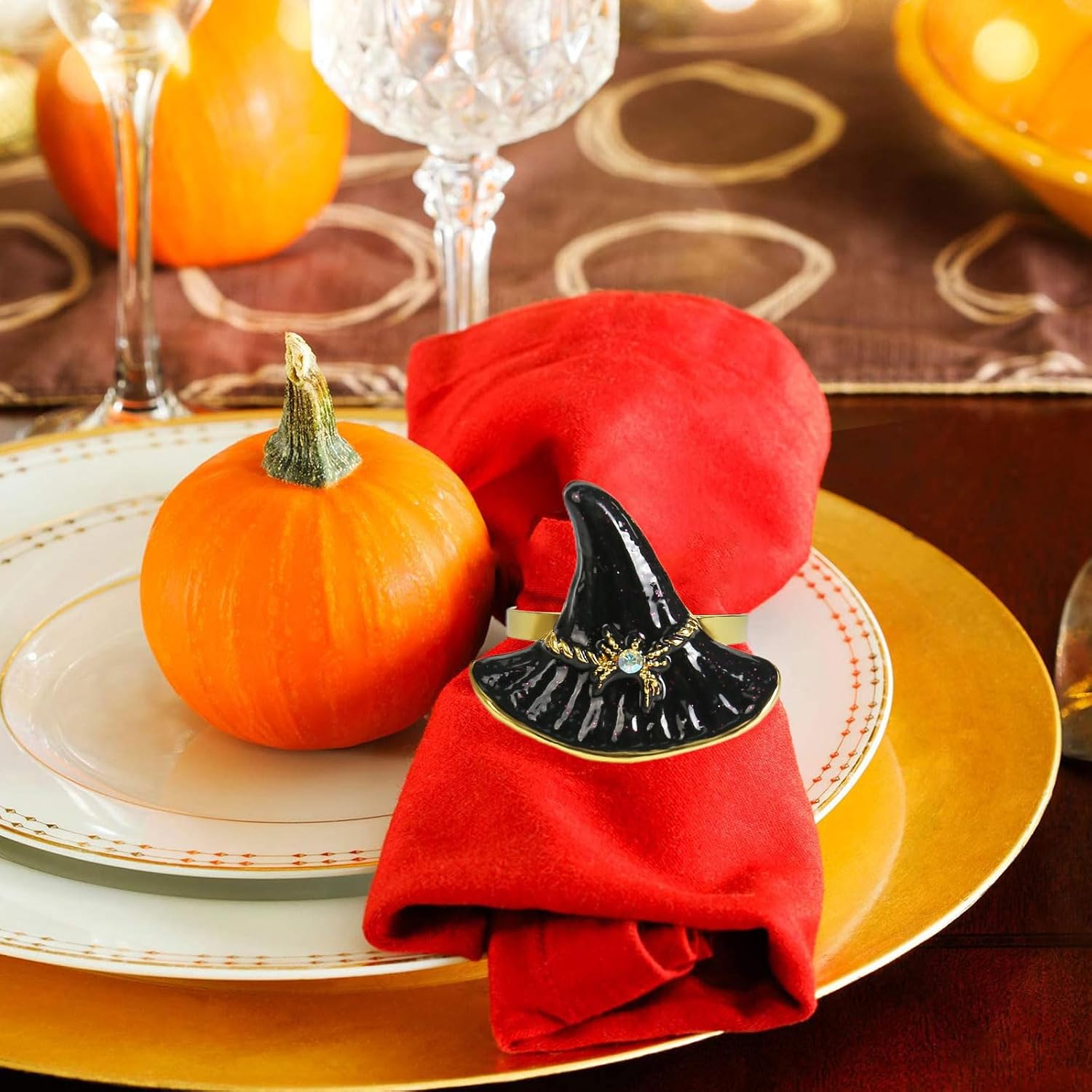Halloween Napkin Rings Set of 6, Black Hat with Spider Napkin Rings Holders Metal Buckle Serviette for Halloween, Horror Theme Party, Autumn Holiday, Dining Table Decoration