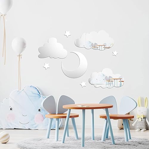 Miniatura 2 de Calcomanías acrílicas 3D de espejo de nube, autoadhesivas, luna, estrellas, nubes, espejo, calcomanías de pared, espejo plateado, decoración de