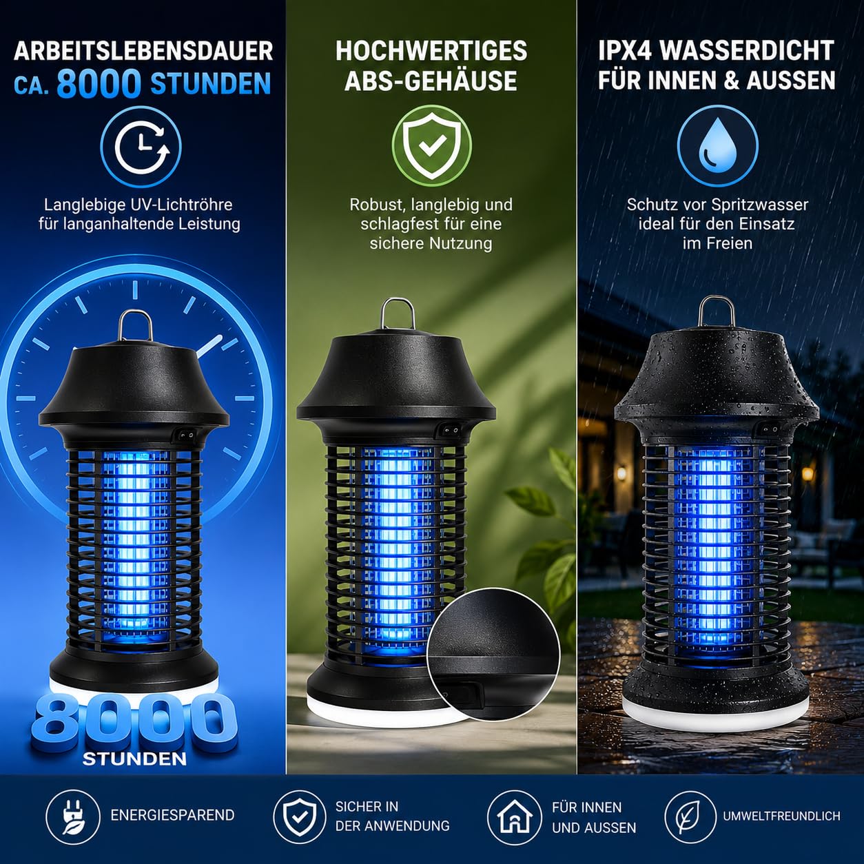 Insecticida eléctrico 2500 V, 15 W, UV, con luz LED, lámpara antimosquitos IPX4, resistente al agua, trampa contra mosquitos, moscas e insectos, para interior y exterior