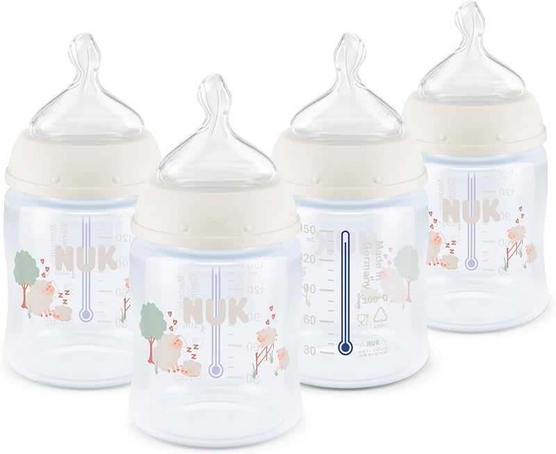 Botella anticólicos NUK First Choice Smooth Flow, melocotón, 10 oz. Biberón con indicador de temperatura SafeTemp, elementos esenciales para recién nacidos, paquete de 4