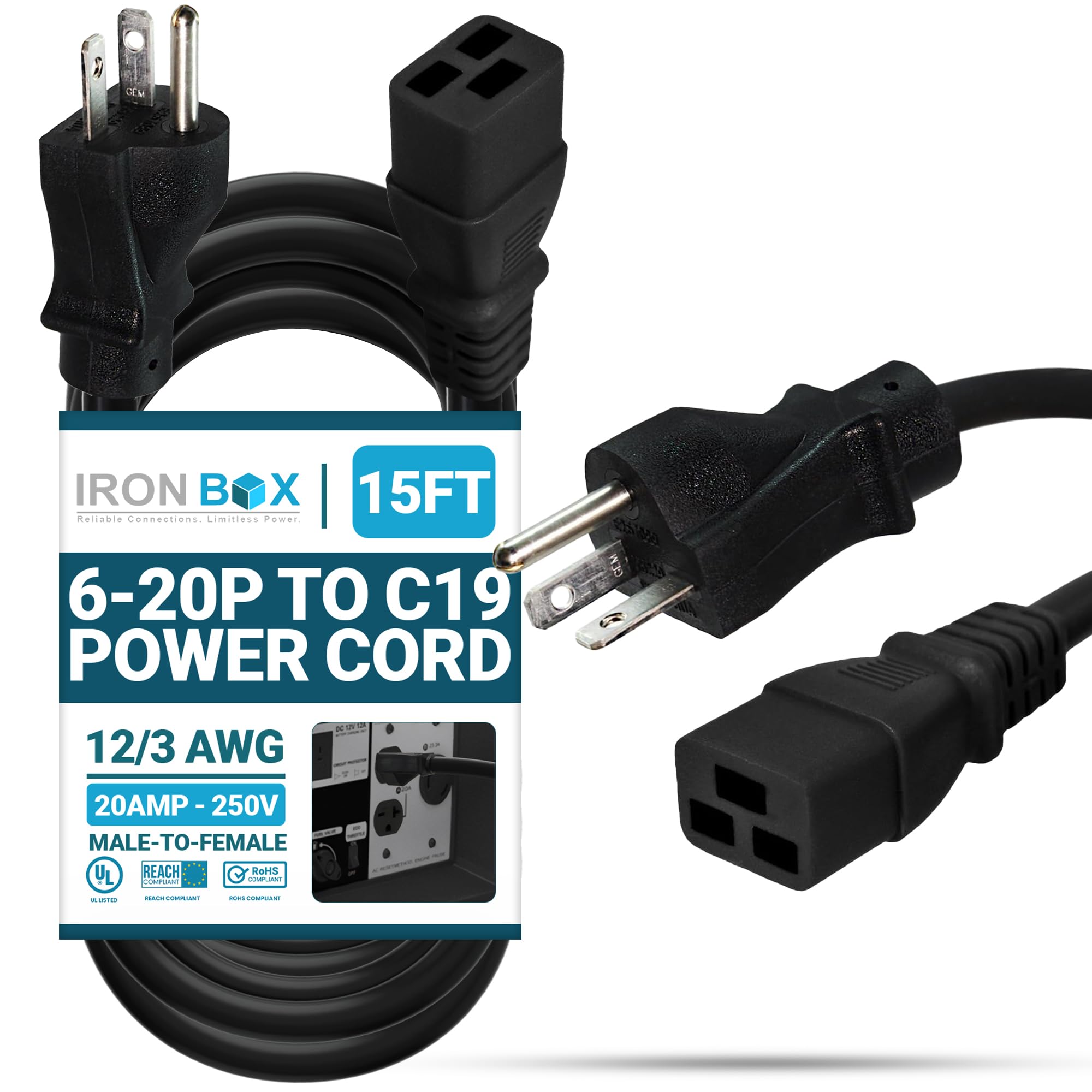 IronBox Electric 6-20P to C19 Power Cords Rated 20A, 250V, 12/3 AWG - UL Listed Extension Cable Adapter - Power Supply Cables- Heavy Duty Plug and