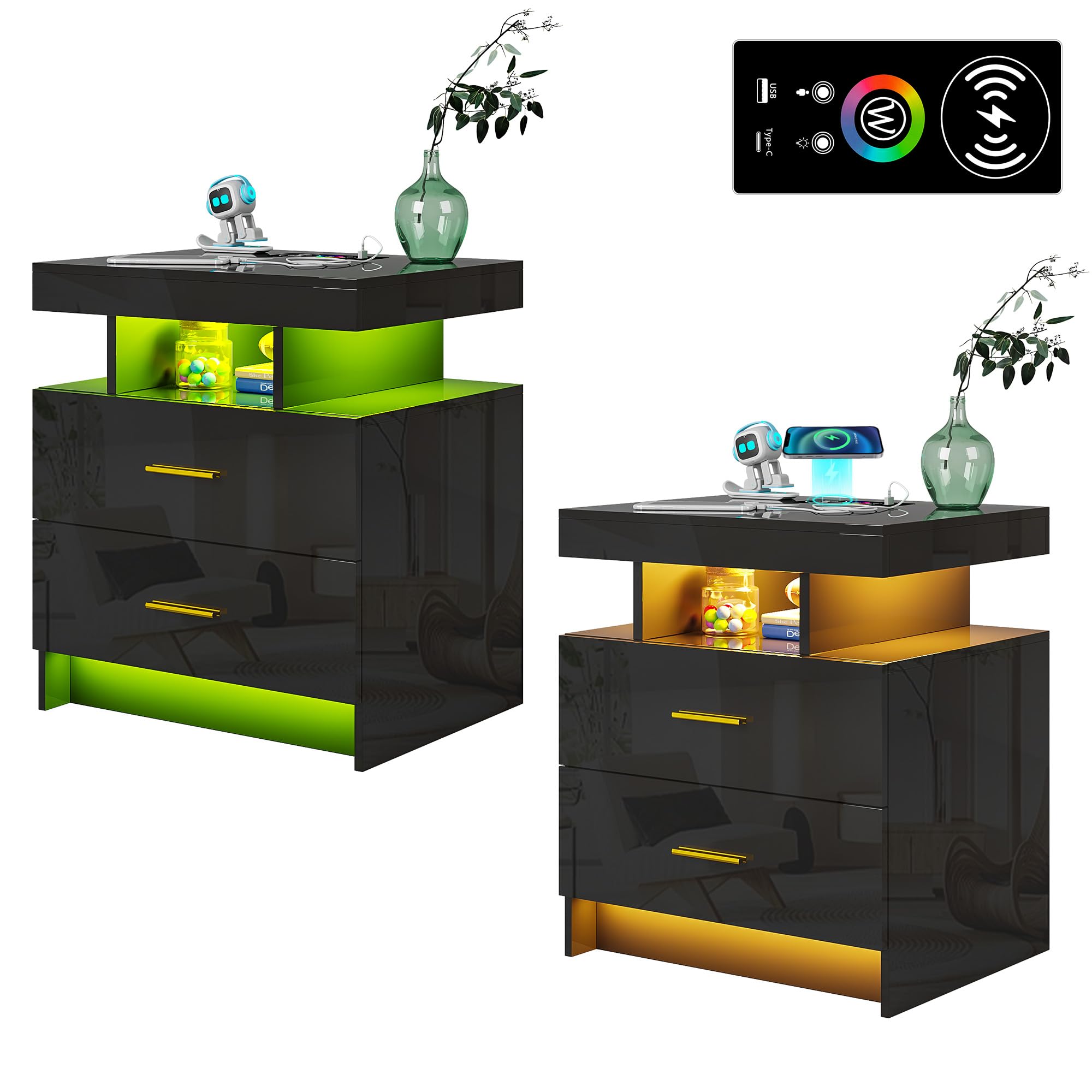 Night Stand Set 2 with USB/Type-C/Wireless Charging Station, Blakc Nightstands with RGB Auto LED Lights, Modern Bedside Table Set of 2 with 2 Drawers for Bedroom Furniture