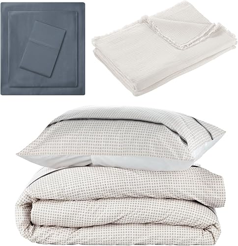 Nate Home mDesign by Nate Berkus Printed Shapes Duvet Cover Sheet Set Matelasse Throw from mDesign, Twin Size, Beige Duvet, Pillow Sham, Dark Blue