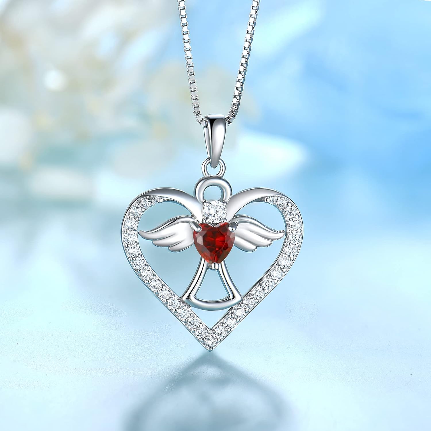 FJ Guardian Angel Necklace 925 Sterling Silver Heart Angel Wings Pendant Birthstone Jewelry for Women - Image 3