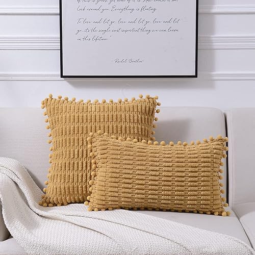Miniatura 6 de Fancy Homi Paquete de 2 fundas de almohada decorativas color gris pardo de 20 x 20 pulgadas con pompones para sala de estar, sofá, cama, sofá,