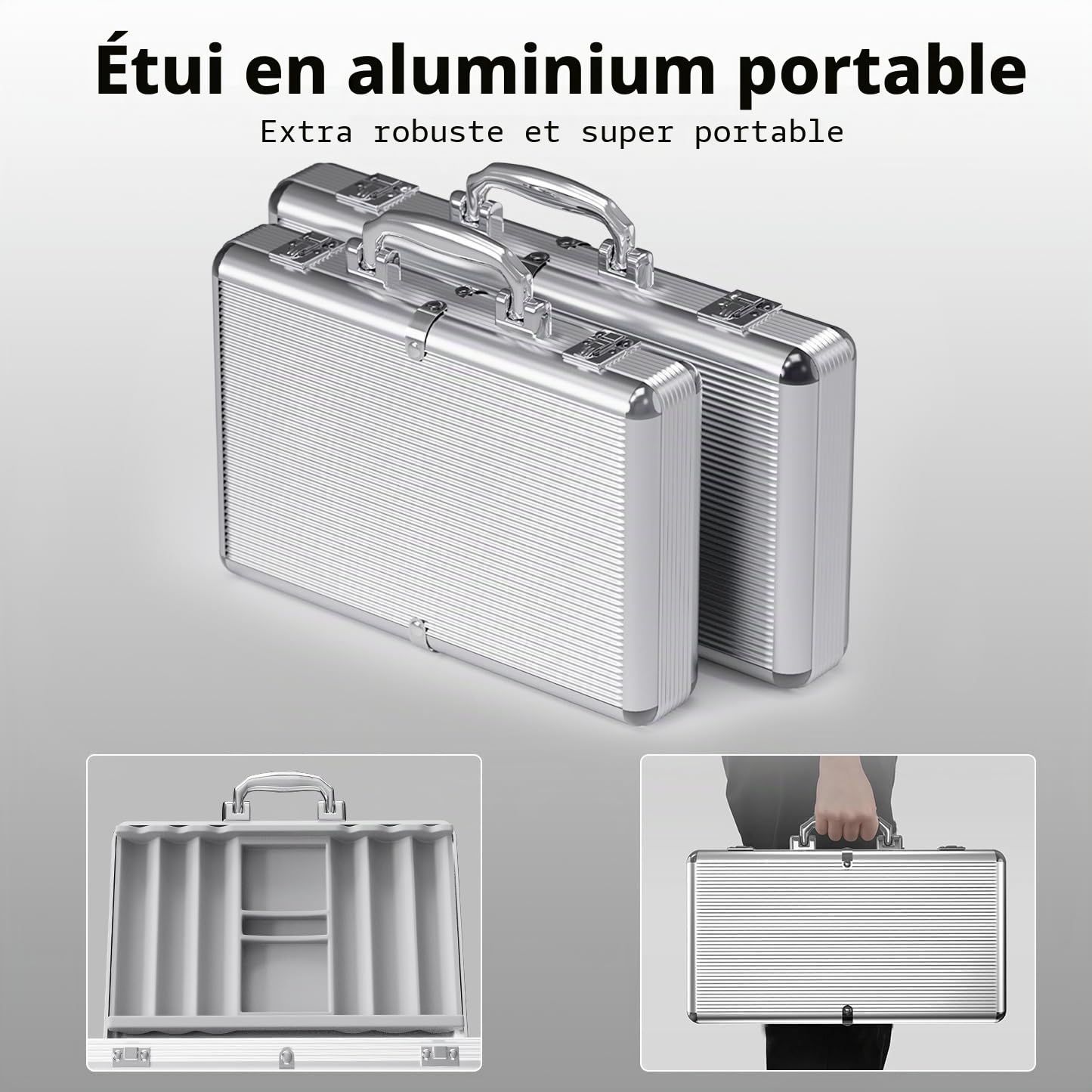 HEITOK Mallette Poker Professionnelle 600 Jetons Numérotés 11,5g avec Valise Aluminium Renforcée – Kit Complet Texas Hold'em Blackjack pour Soirées Casino Adultes | lecture rapide des mises, 2-16 joueurs, cartes papier, 5 dés, Dealer/Blind, installation r