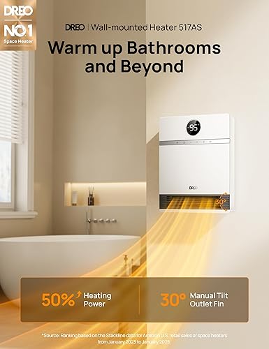 Vista 2 de DREO Smart Wall Heater for Bathroom, IP24 Electric Space Heater with ALCI Plug for Indoor Use, 30° Oscillation, Adjustable Thermostat, Remote