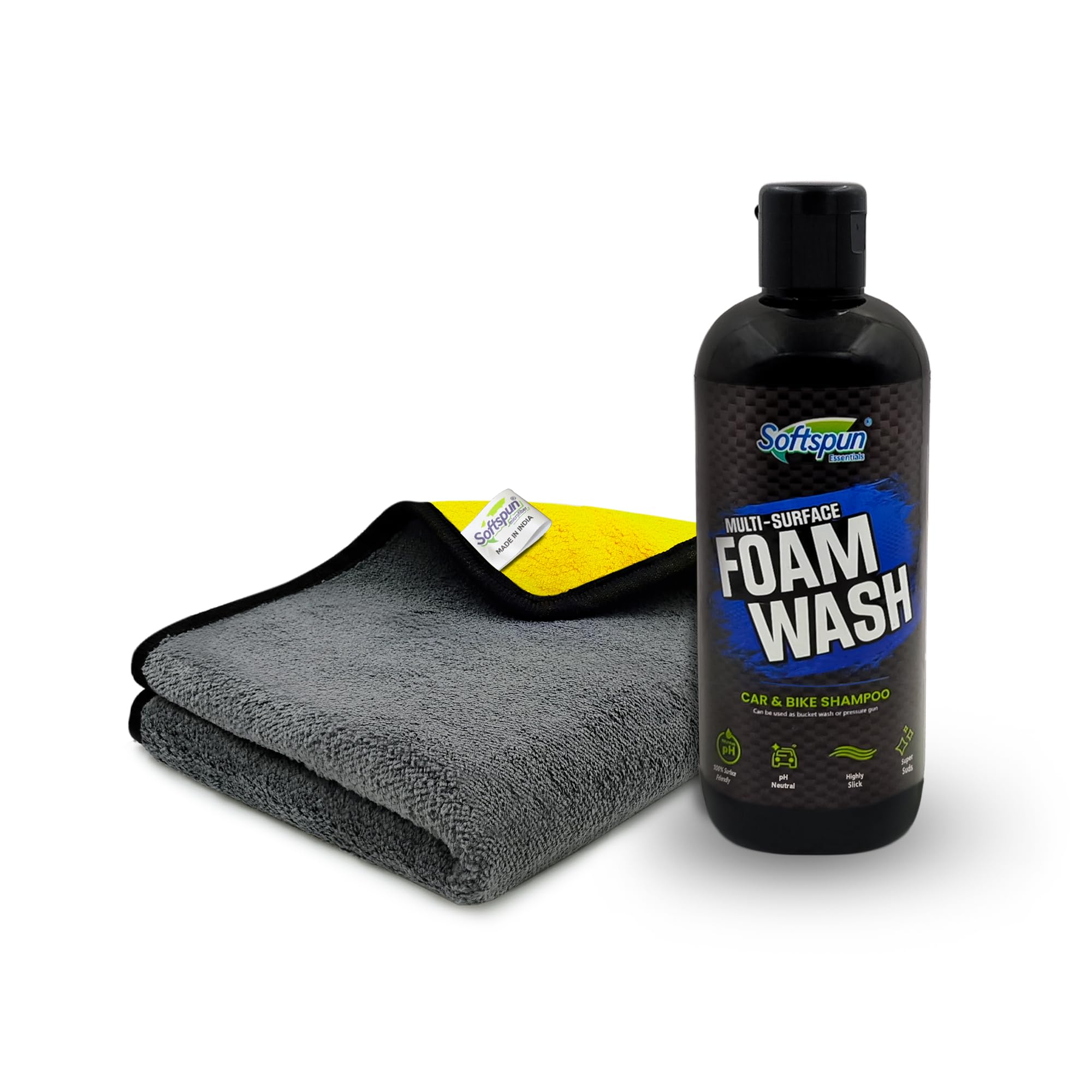 SOFTSPUN Microfiber & Car Shampoo Combo | 600gsm 30x40cm 1Pc Yellow/Grey+300mL Car & Bike Premium Liquid Shampoo | Thick Foam Removes Tough Dirt & Grime | pH Neutral | Works with Bucket & Foam Cannon.