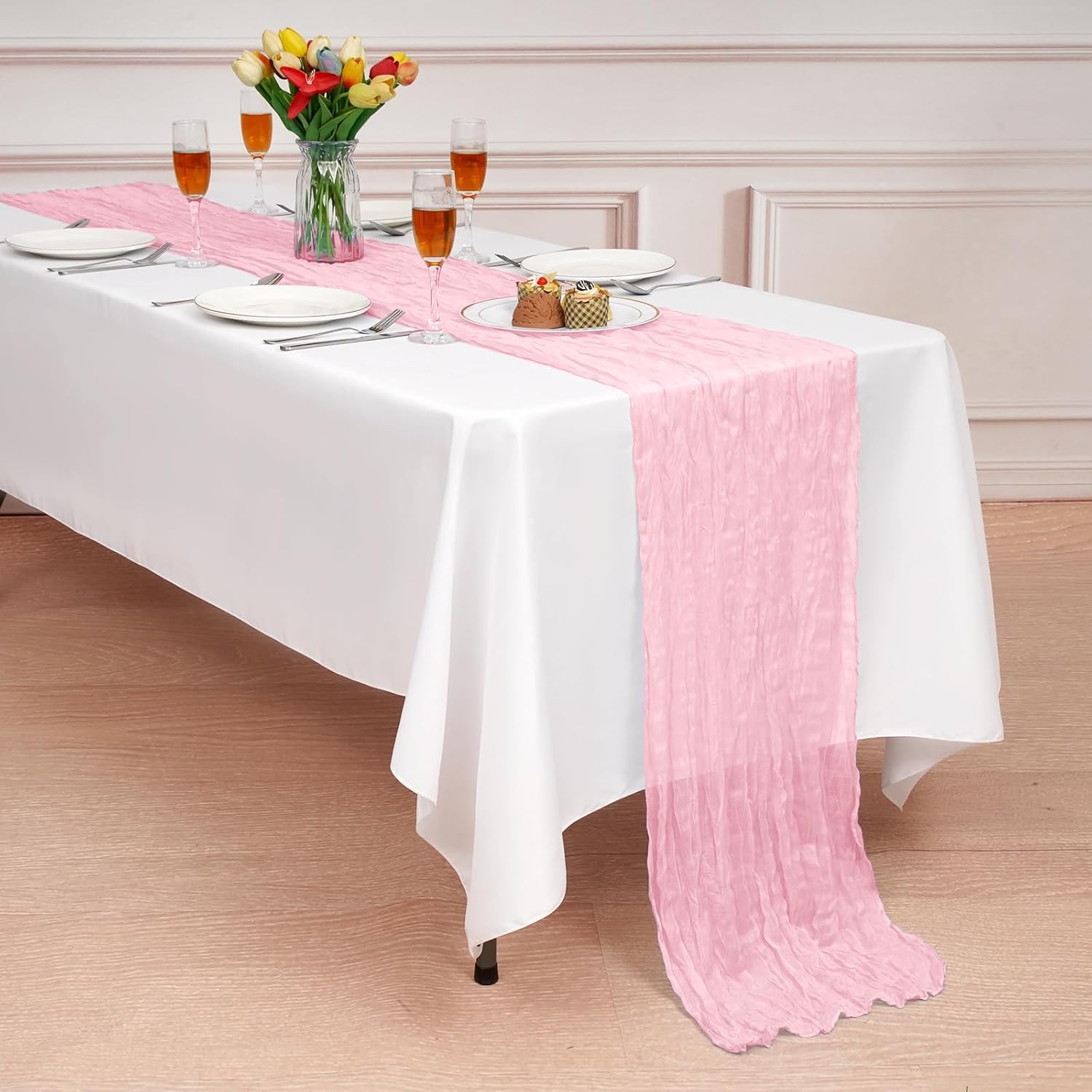 12 Pack Light Pink 20x120 Inch Cheesecloth Table Runner 10FT Boho Gauze Rustic Gauze Cheese Cloth Table Runners for Wedding Party Baby Shower Birthday Banquet Spring Decor