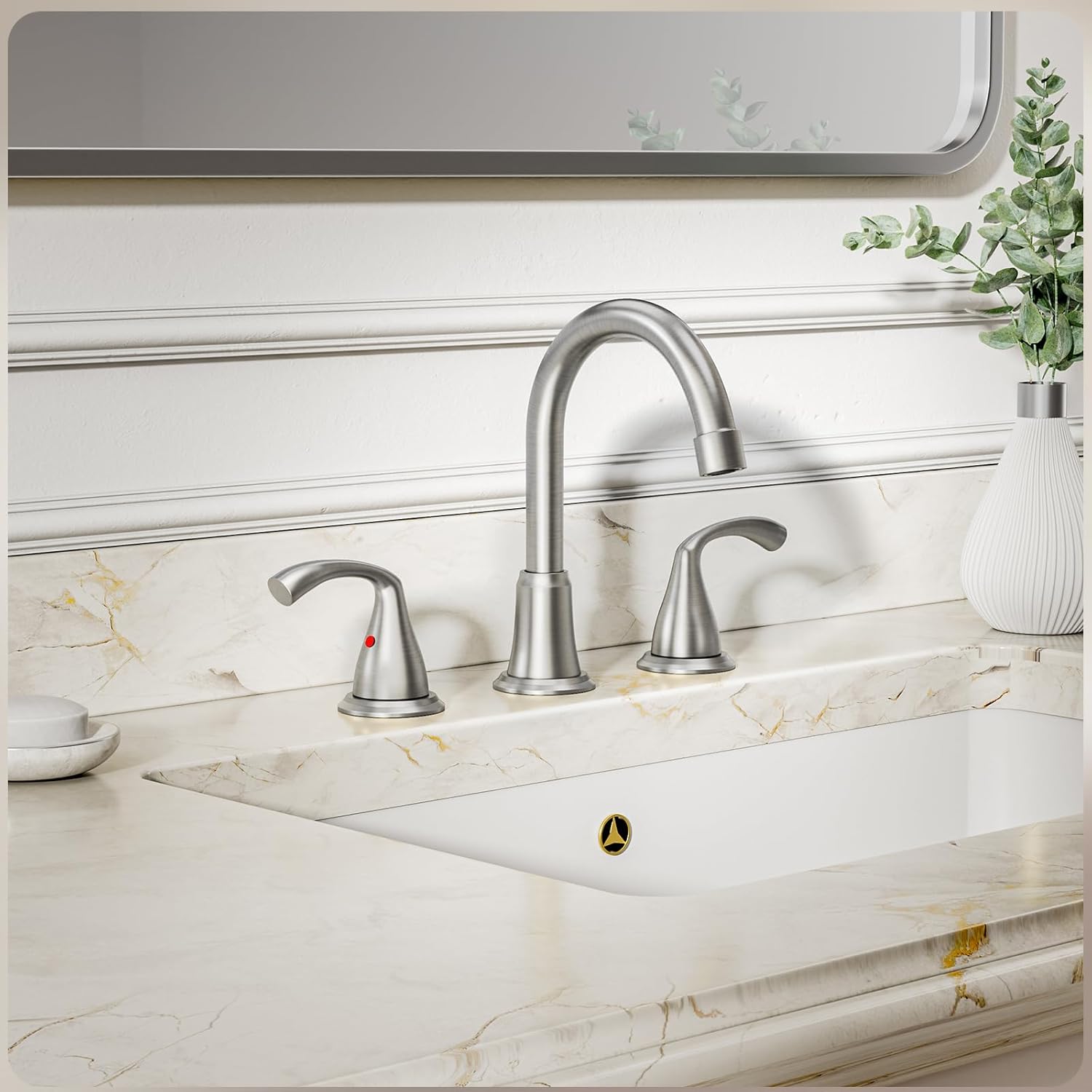 Phiestina 8 Inch Brushed Nickel Widespread Bathroom Sink Faucet, 2 Handle 3 Hole Bathroom Faucet with Metal Pop up Drain and Water Supply Lines, WFJC180-BN