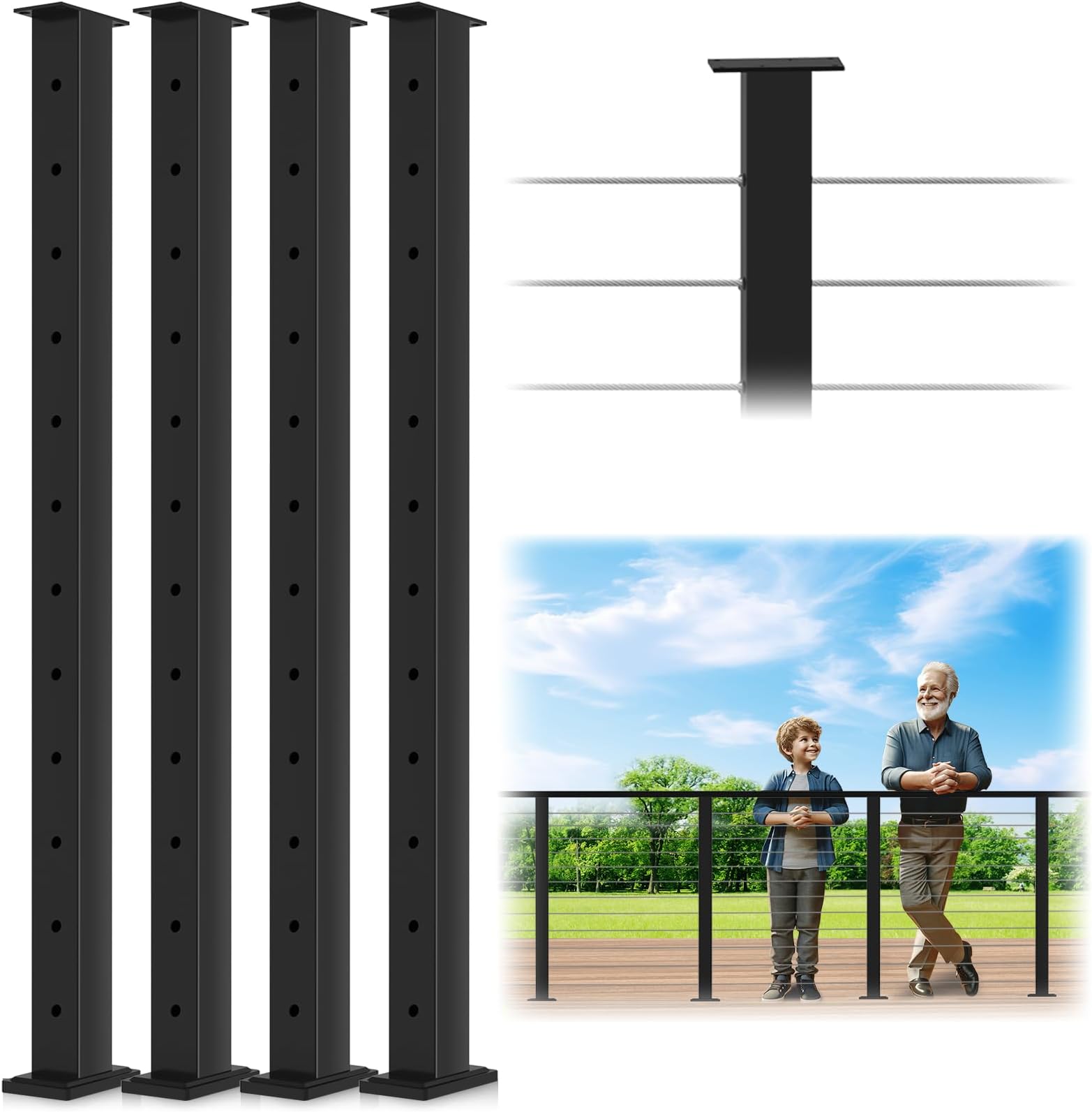 42" Cable Railing Post 4 Pack, Matte Black Stainless Steel T304 Level Drilled Railing Posts for Deck Railing Kit System, Flat Top Heavy-Duty Cable Handrail Post for Indoor Outdoor Deck Balcony