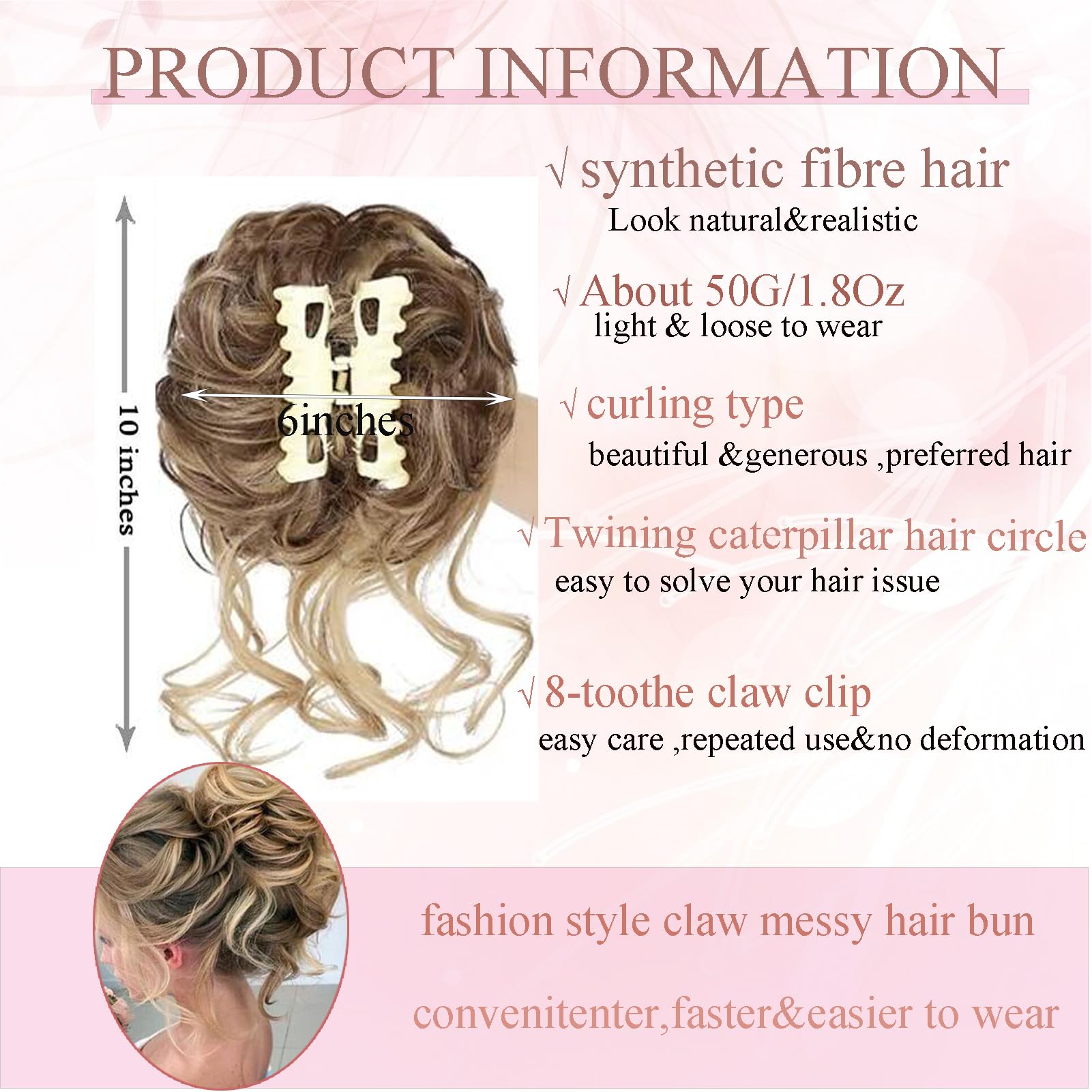 Claw Clip Messy Bun Hairpiece - Curly Wavy Hair Ponytail, Tousled Updo, Chignon Synthetic Extensions for Women Girls (#12H24) - Image 3
