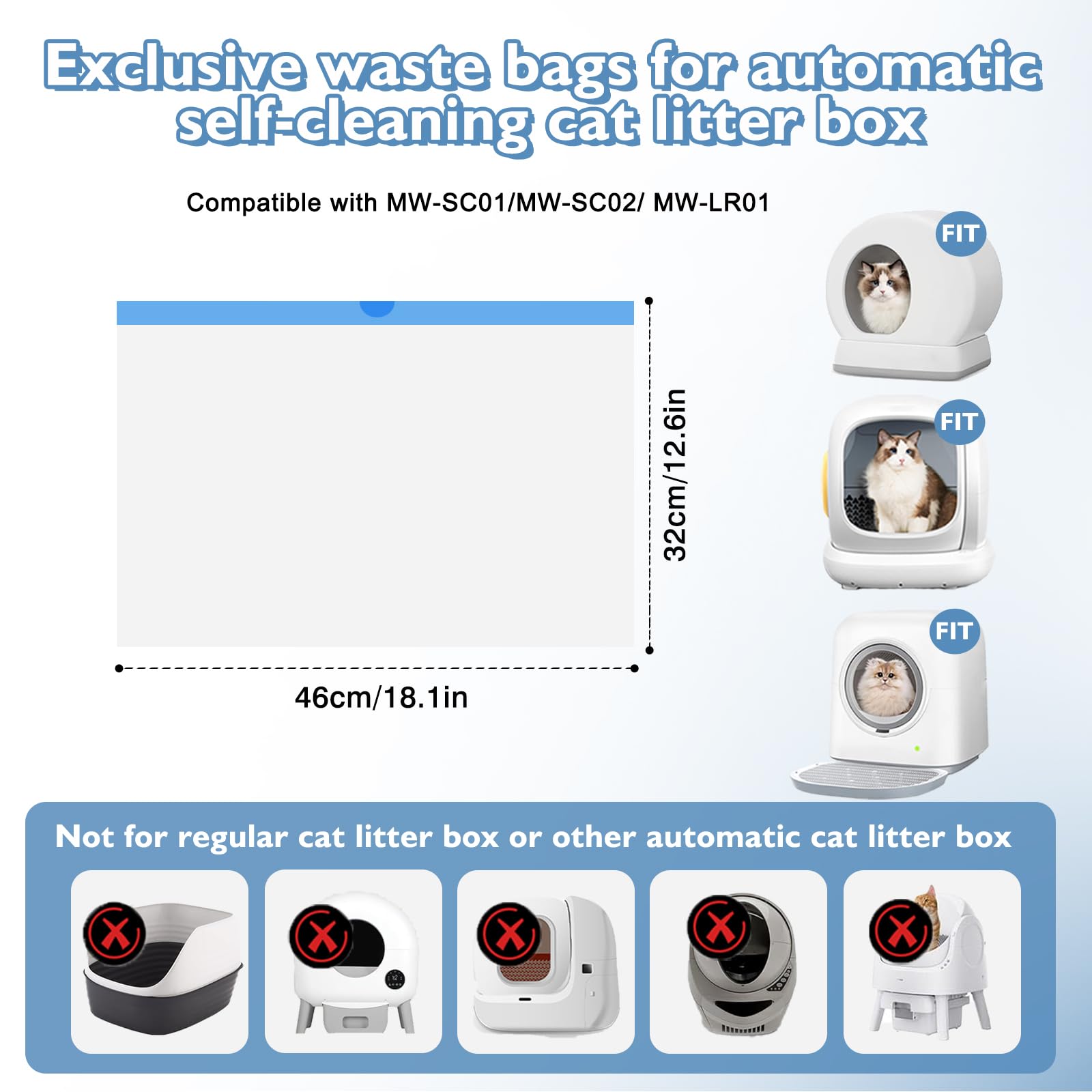 Joddguu 100 Pack Cat Litter Box Liners Compatible With MW-SC01/MW-SC02/MW-LR01 Automatic Cat Litter Box, Drawstring Heavy Duty Kitty Litter Receptacles Bags For Self-Cleaning Litter Box, 18