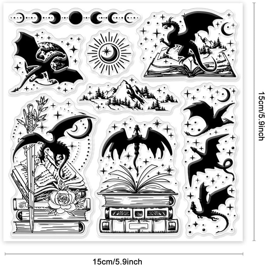 GLOBLELAND Magic Dragon and Book Clear Stamps for Cards Making Dinosaur Silicone Stamp Seals Transparent Stamps for DIY Scrapbooking Photo Album Journal Home Decoration