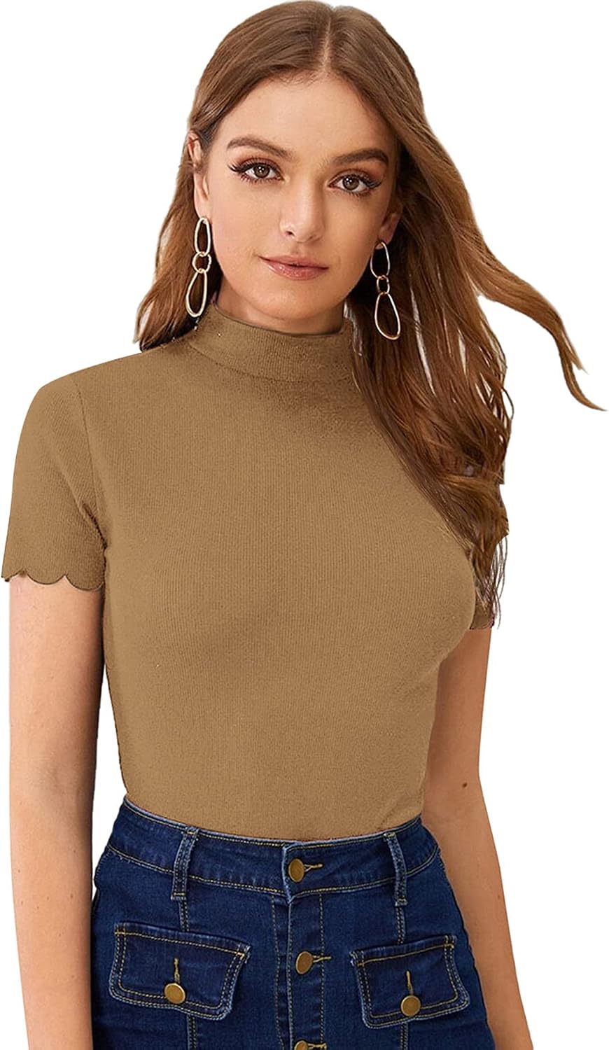 SweatyRocks Women's Mock Neck Ribbed Knit Scallop Short Sleeve T Shirt Tops