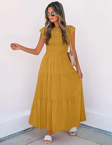 Miniatura 6 de ZESICA - Vestido por debajo de la rodilla para mujer, diseño informal y escalonado de manga corta, con cuello redondo y cintura elástica fruncida