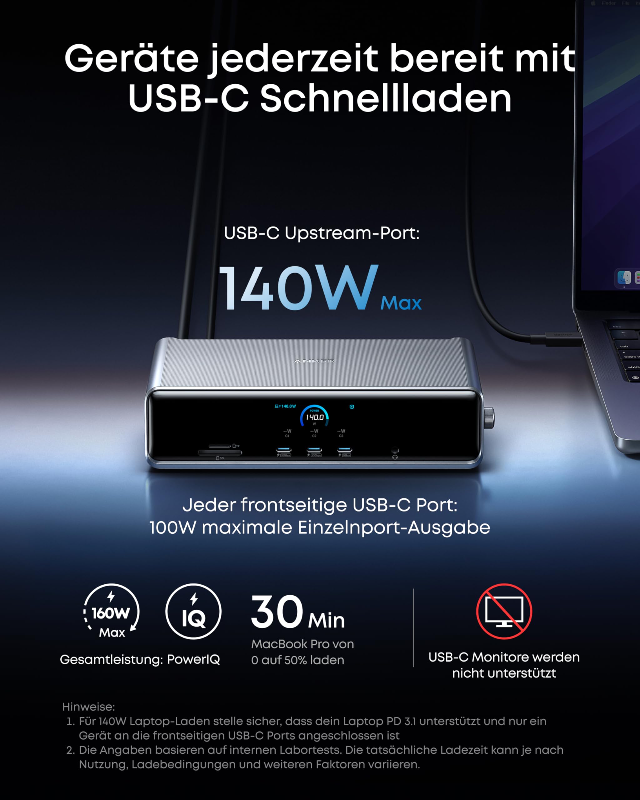 Anker Prime Docking Station, 14 Ports, Triple-Display mit DisplayLink, 140W USB-C, Smart Display, Kühlung, dreifaches 4K, für macOS & Windows (DisplayLink-Treiber erforderlich)