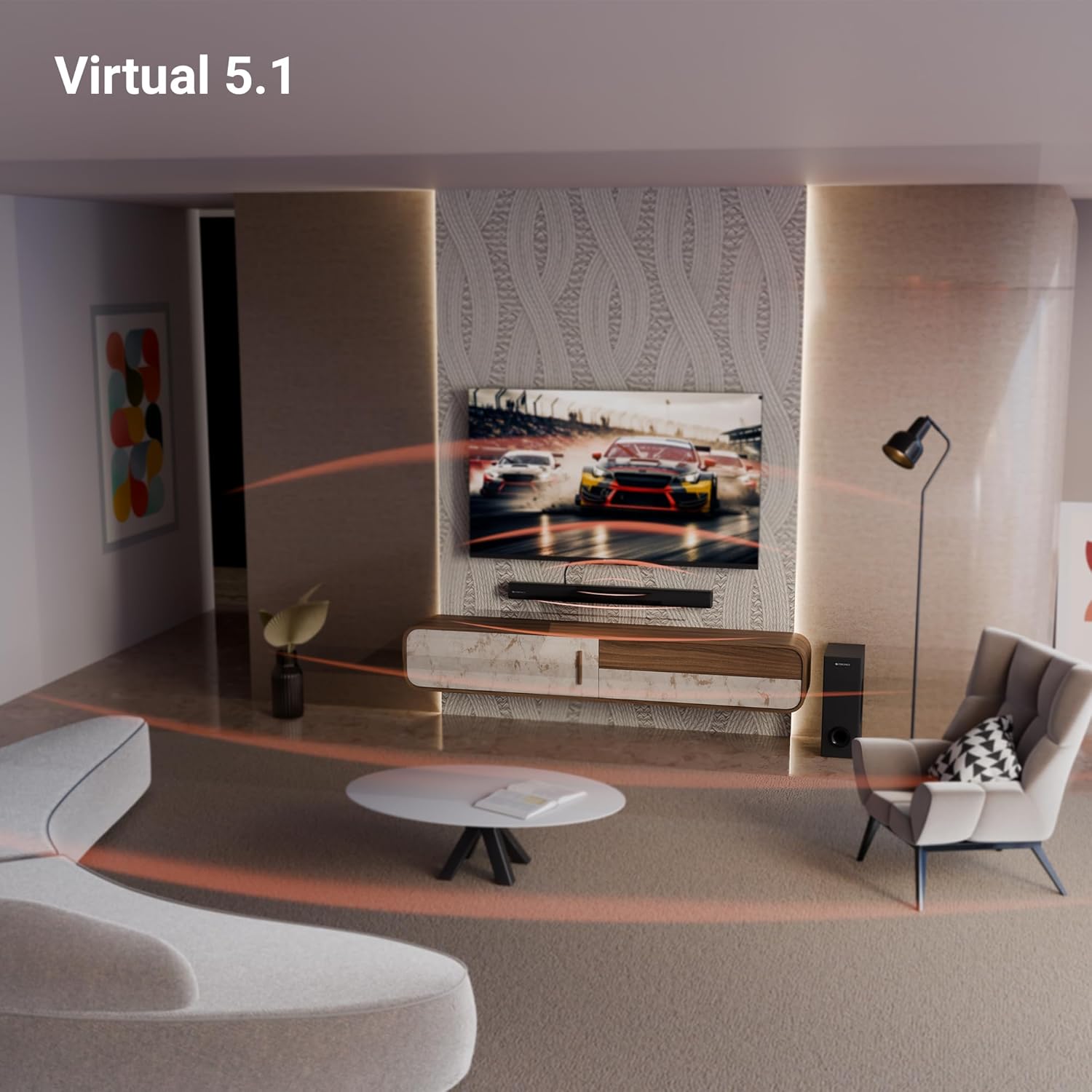 Rear view of the soundbar showing various input ports: SW OUT, USB, AUX, TV (ARC)