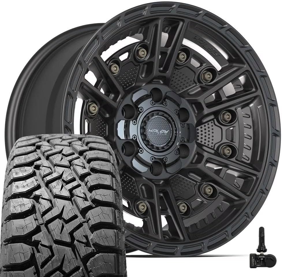 4PLAY Wheels 4PS01 17 Inch Rims and Tires Fit 6x135 & 6x139.7 17x9 Satin Black - TS-57 RT 33x12.50/17 (Set of 4)