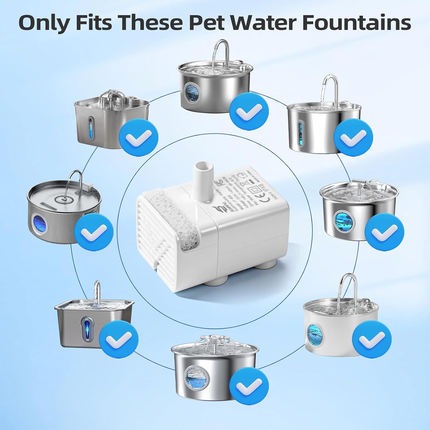 Cat Water Fountain Pump, JY-830 Replacement Pump with Light, Auto Waterless Power-Off, Ultra-Quiet <25dB, Universal for Stainless Steel Pet Fountains， Dog/Pet Water Fountain Motor