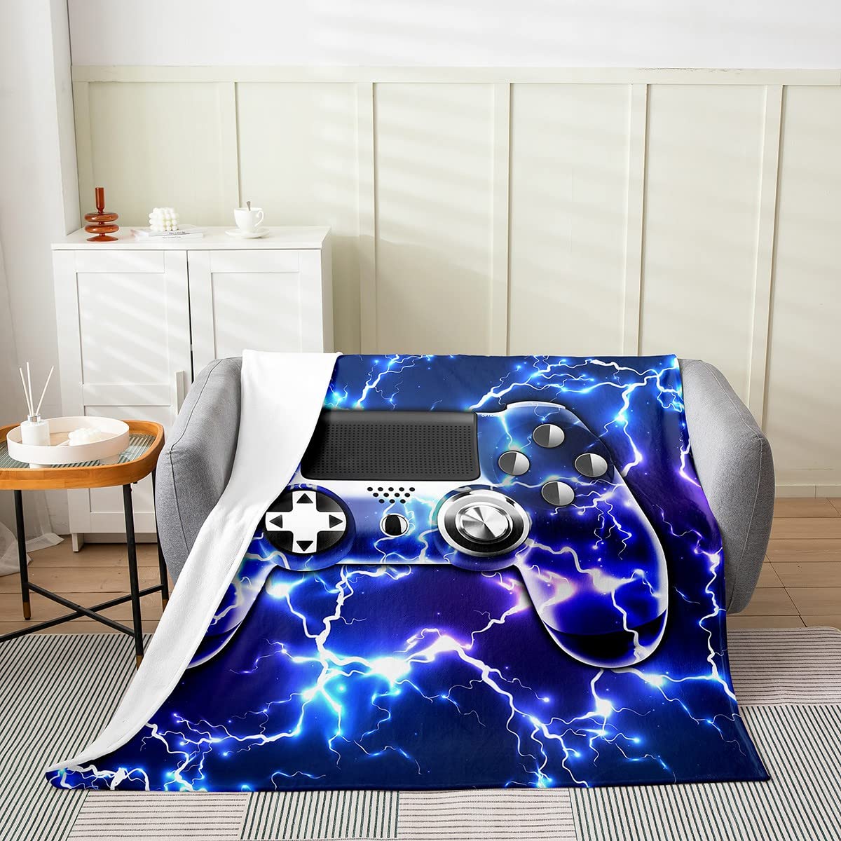 Loussiesd Coperta da gioco in pile, per tutte le stagioni, per videogiochi, giochi e giochi per gamepad, colore blu fulmine, per letto, divano, camera da letto, coperta in peluche, per letto