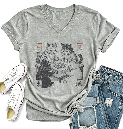 Mahjong Shirts for Woman Cats Playing Mahjong T-Shirt